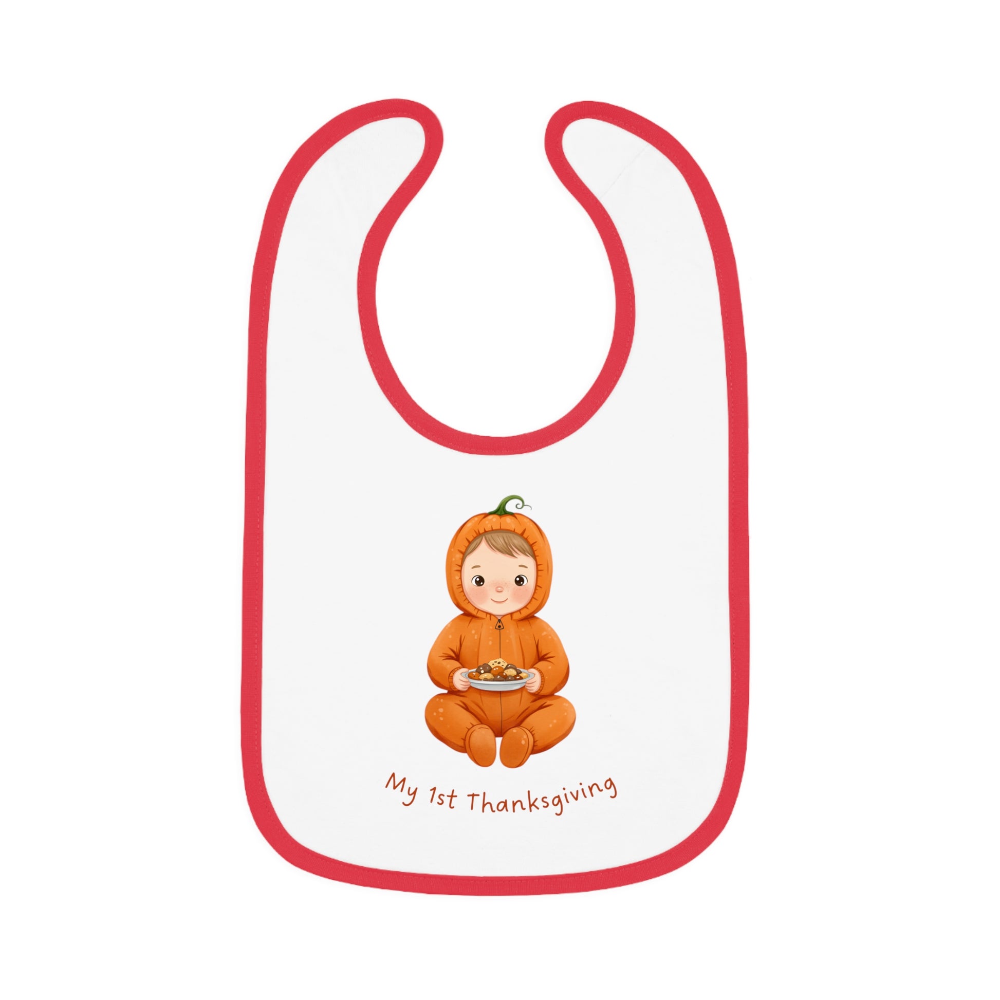 Baby bib with a child in a pumpkin costume and 'My 1st Thanksgiving' text on a white background