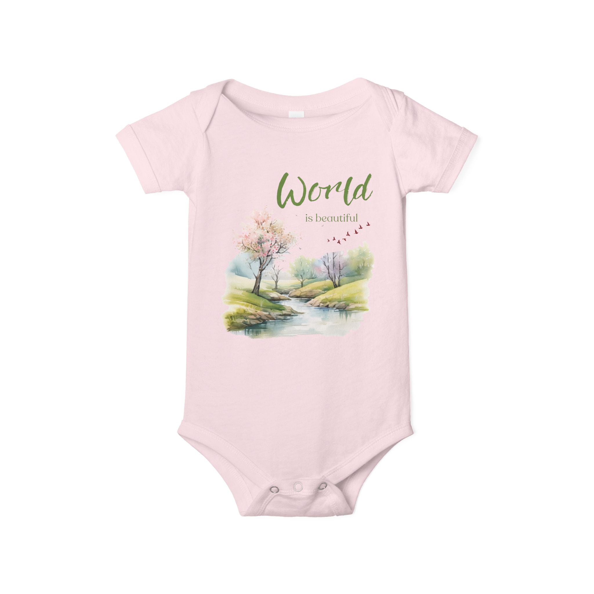 Baby onesie with "World is beautiful" text and pastel nature design, made from soft 100% Airlume cotton, displayed flat with envelope neckline and snap closures.