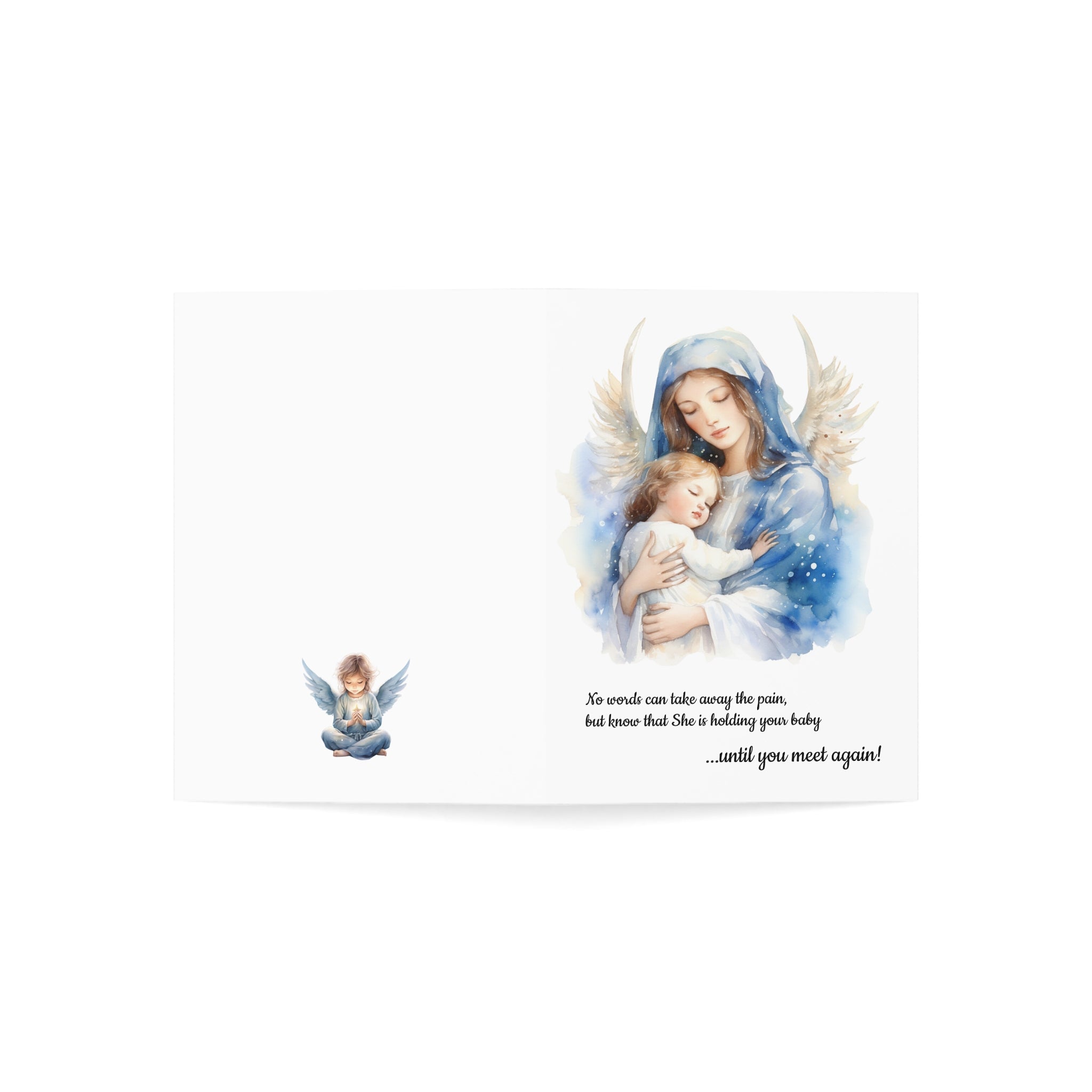 Card with an angel holding a child against a white background