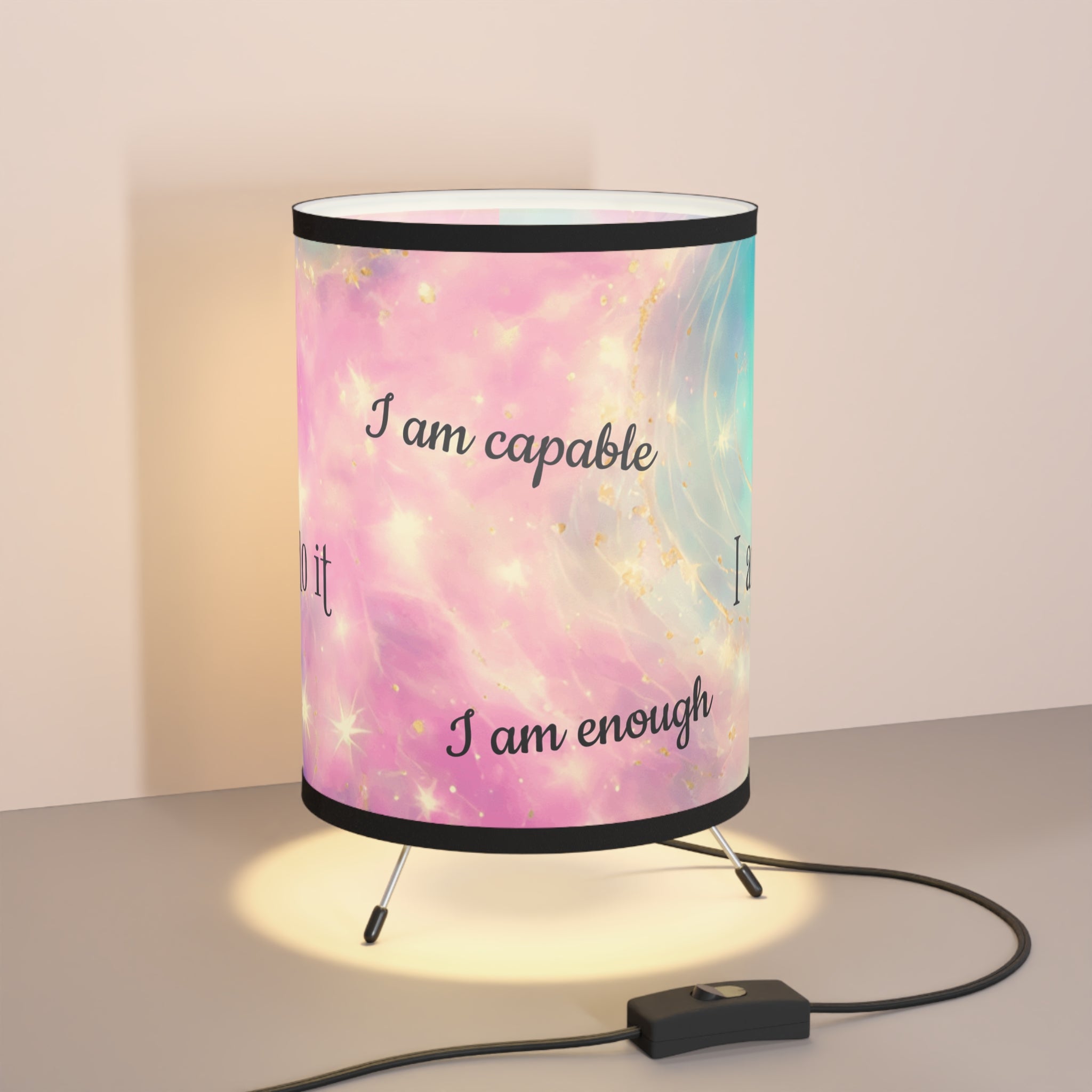 Table lamp with motivational quote on a pastel gradient background