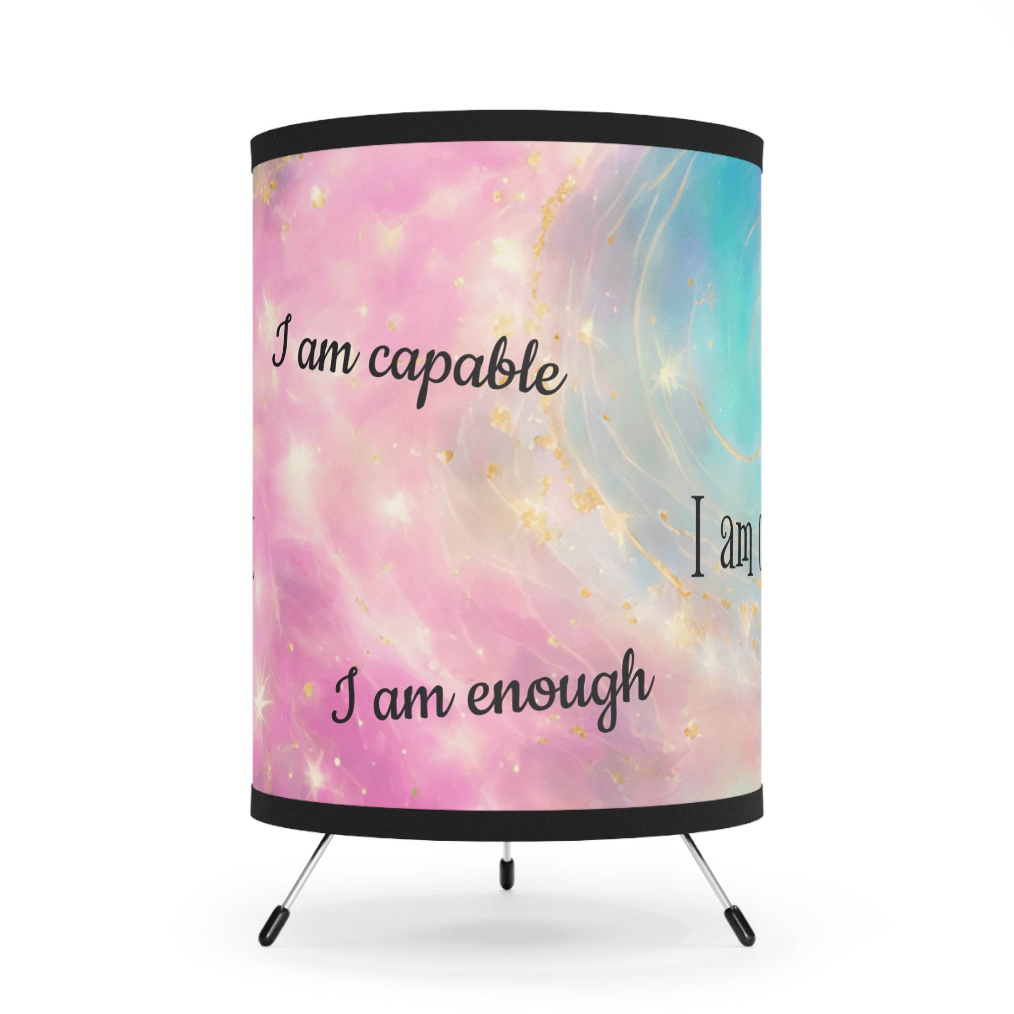 Decorative lamp with motivational phrases on a pastel gradient background