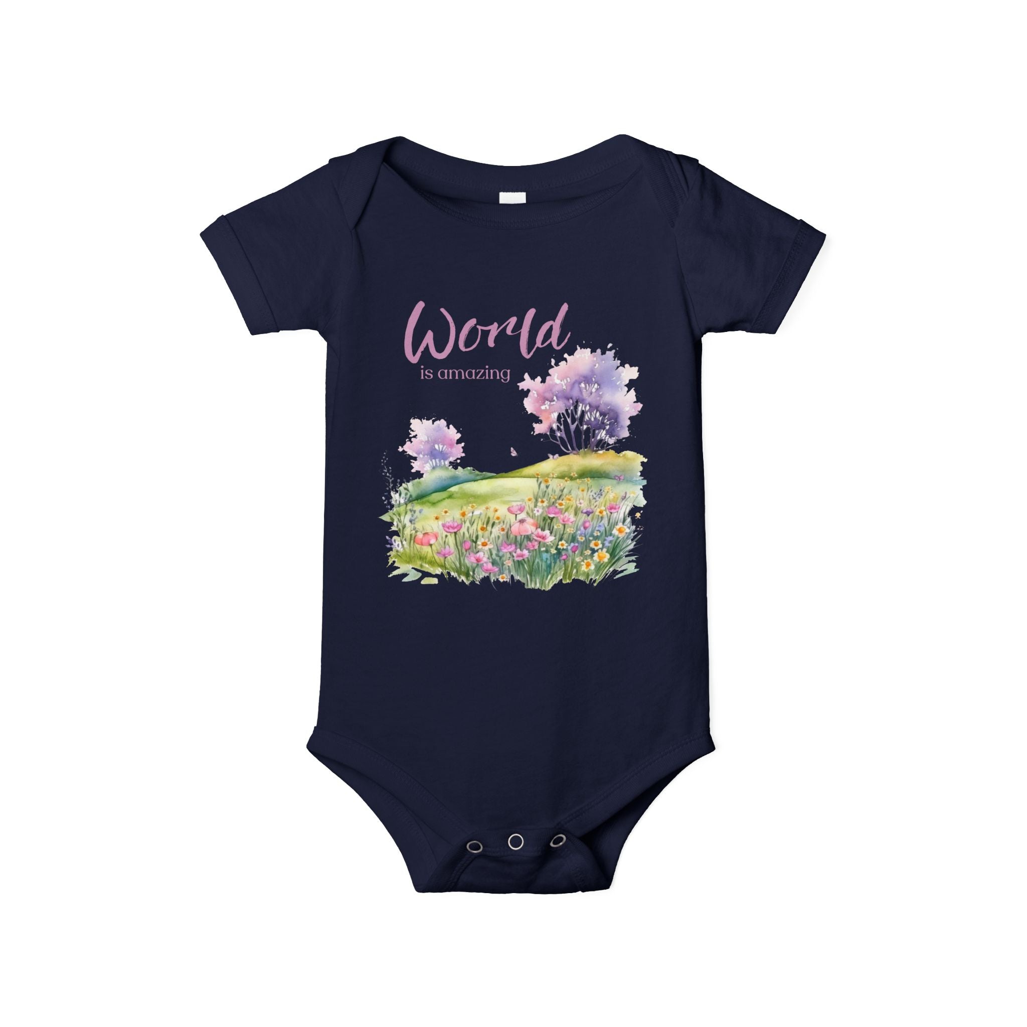 Baby onesie with "World is amazing" text and pastel nature design, made from soft 100% Airlume cotton, displayed flat with envelope neckline and snap closures.