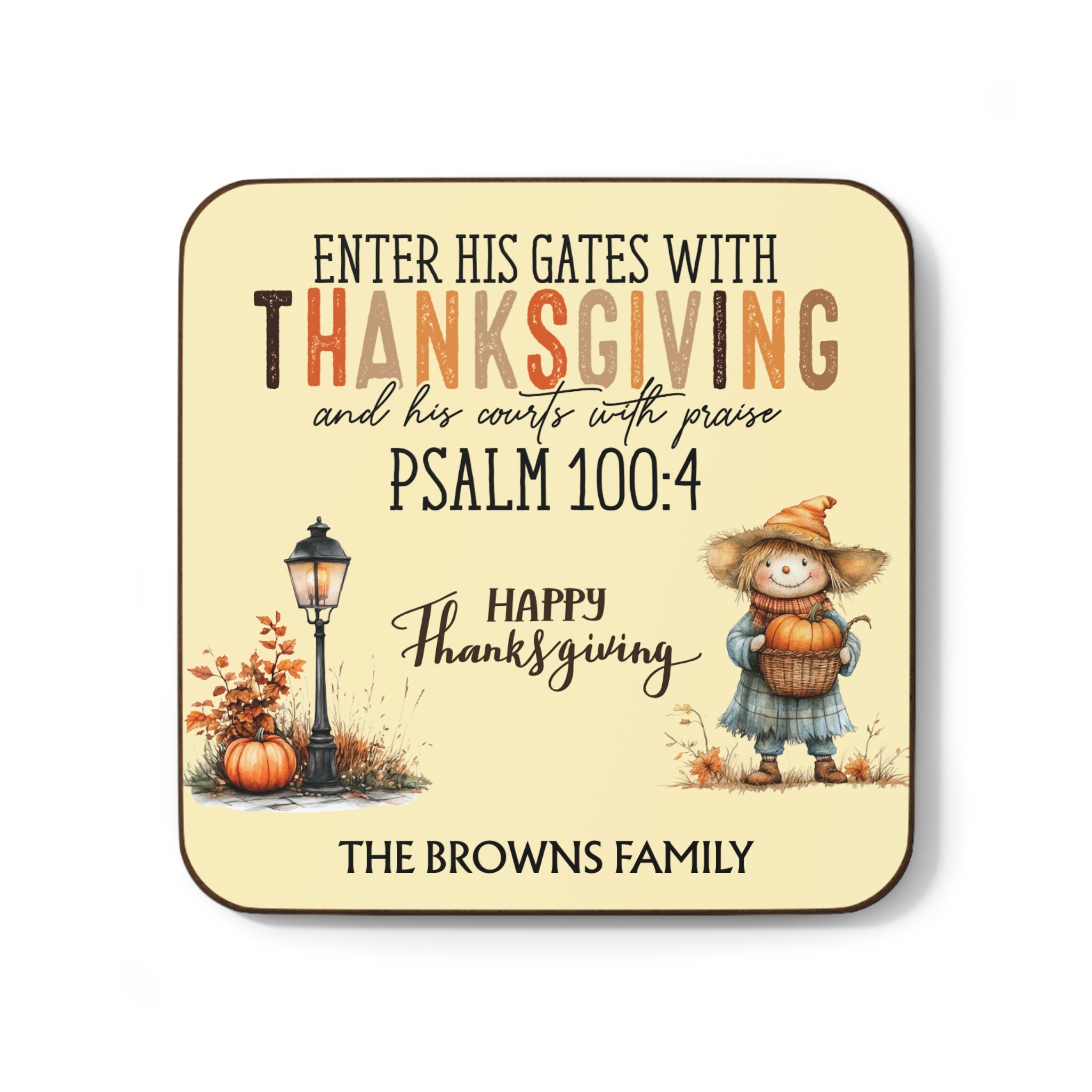 Coaster with Thanksgiving design, scarecrow, pumpkins, and text on a beige background