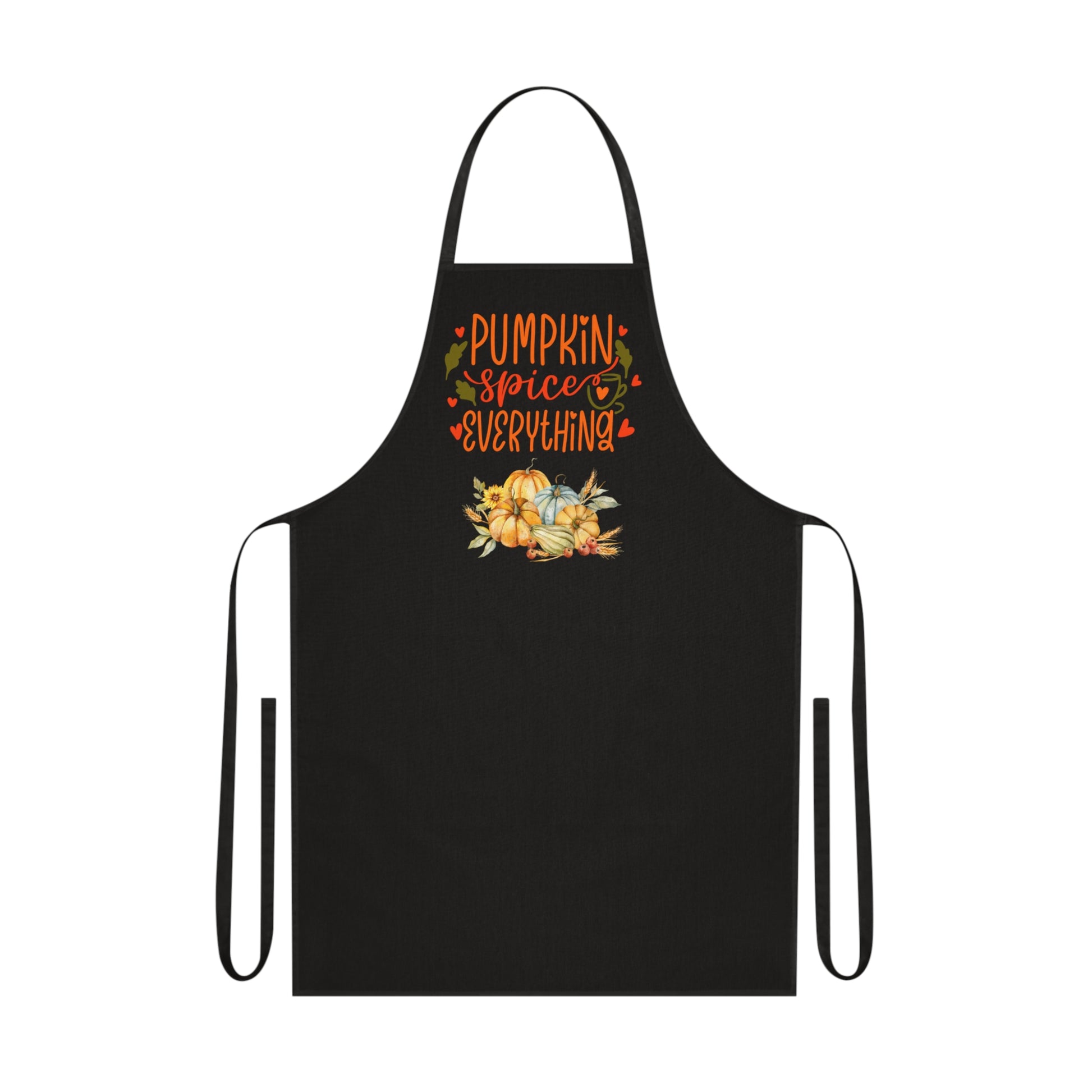Black apron with 'Pumpkin spice everything' text and floral design on a white background