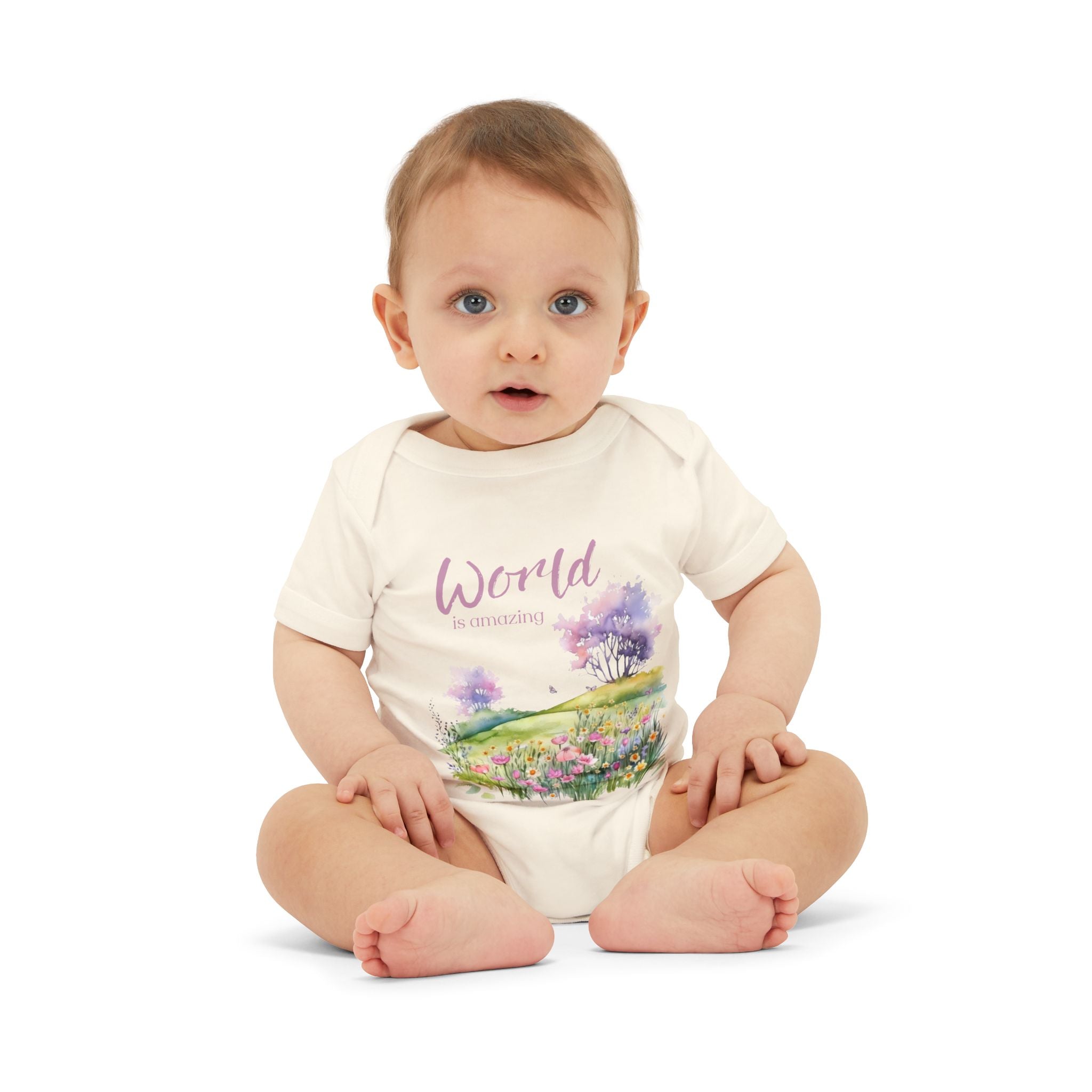 Baby onesie with "World is amazing" text and pastel nature design, made from soft 100% Airlume cotton