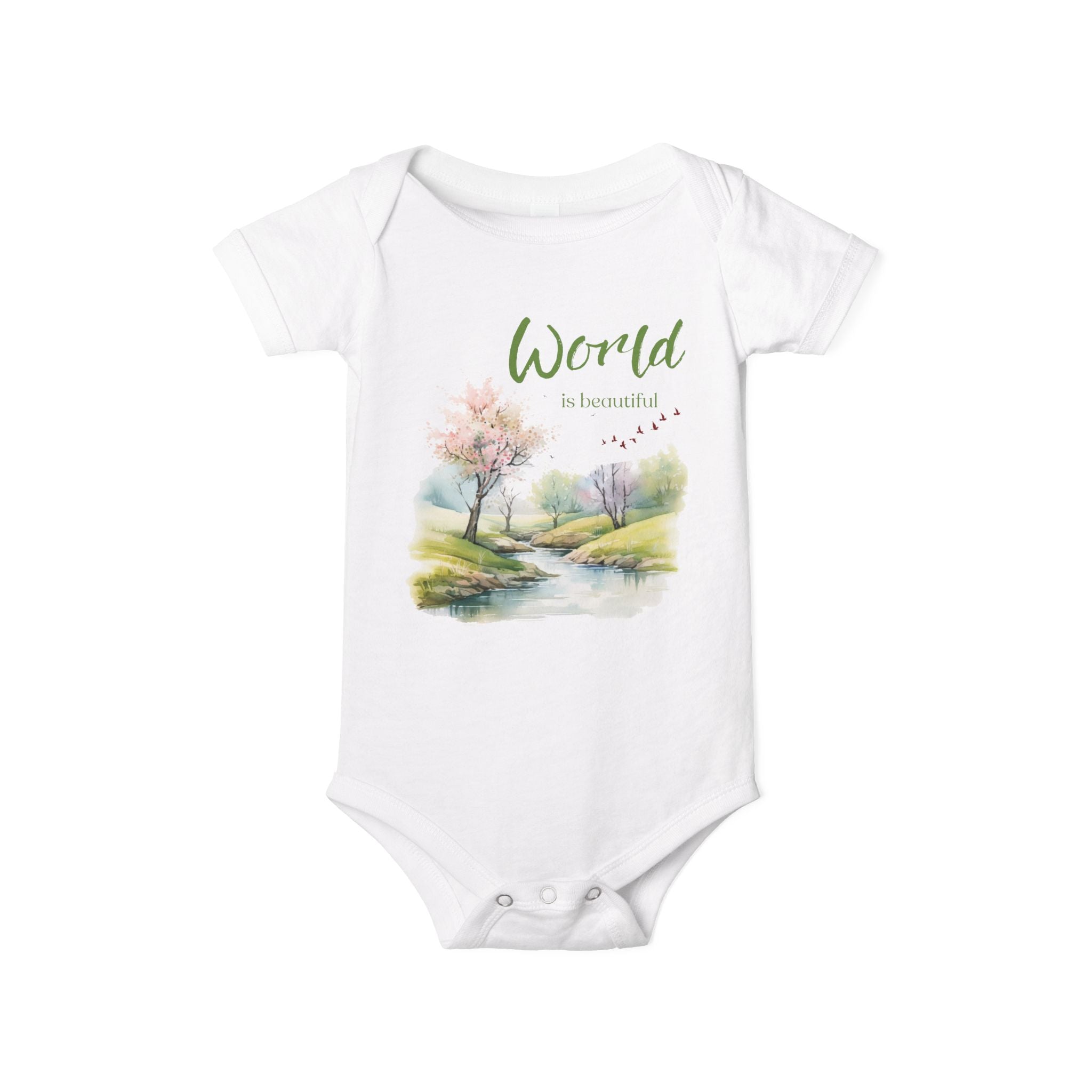 Baby onesie with "World is beautiful" text and pastel nature design, made from soft 100% Airlume cotton, displayed flat with envelope neckline and snap closures.