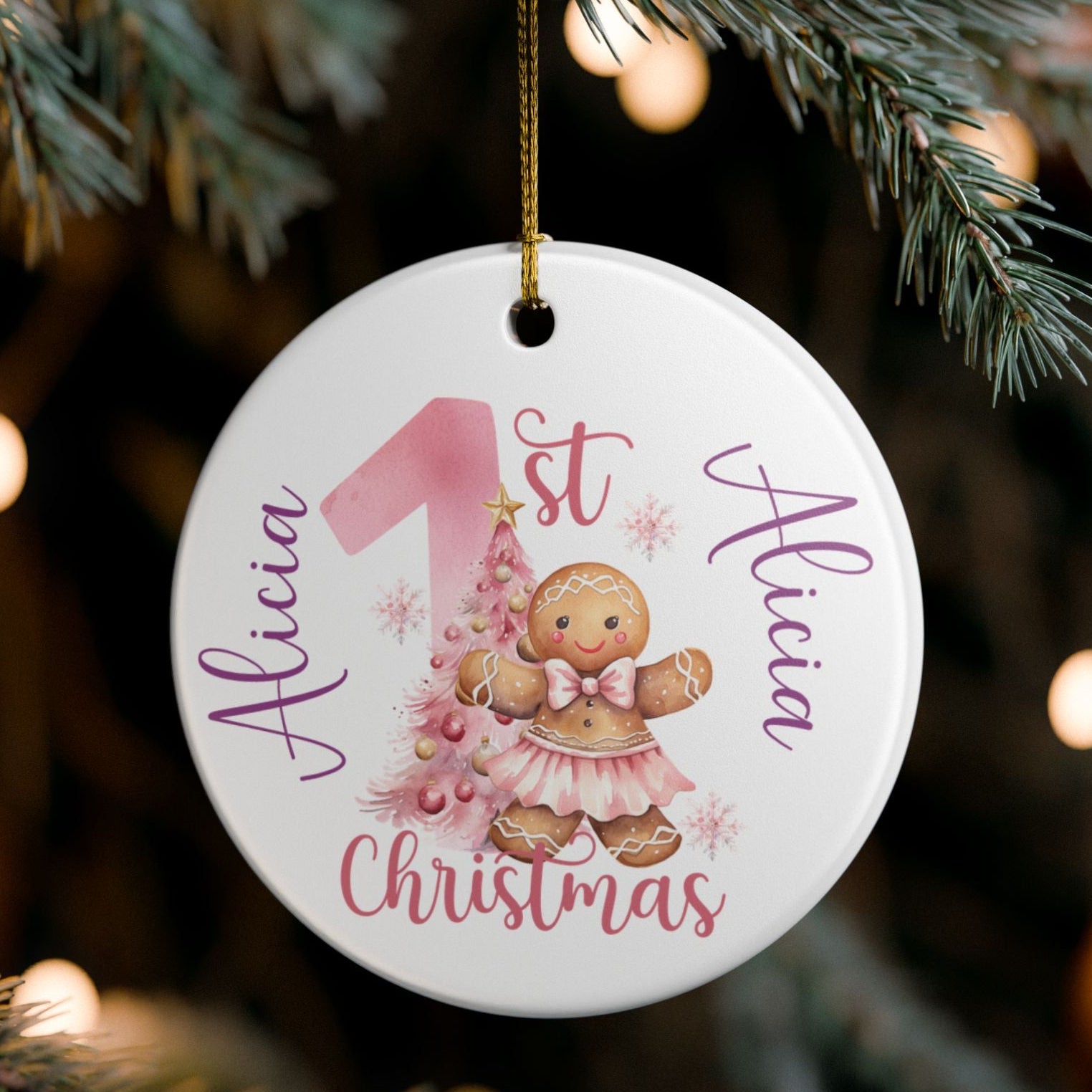Personalized Christmas ornament for a baby's first Christmas, featuring a gingerbread girl design.