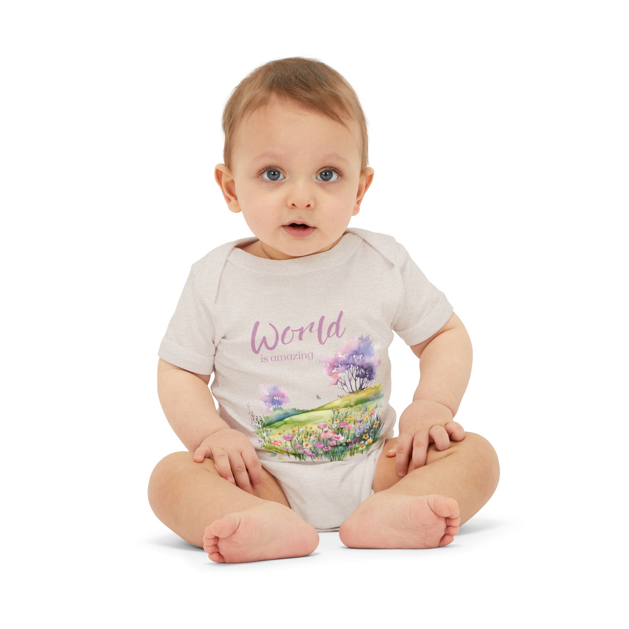 Baby onesie with "World is amazing" text and pastel nature design, made from soft 100% Airlume cotton