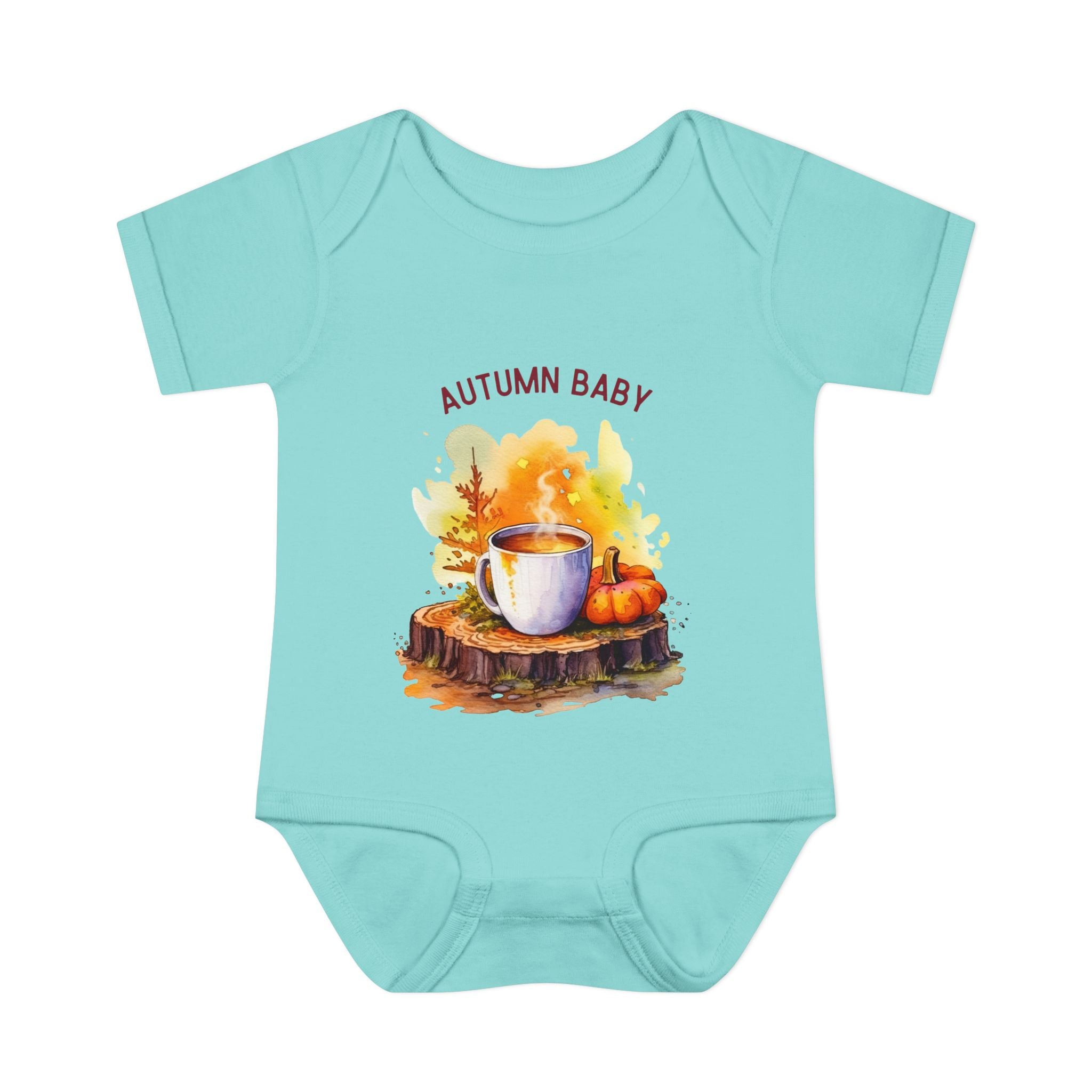 Light blue baby onesie with autumn-themed design and 'AUTUMN BABY' text on a white background