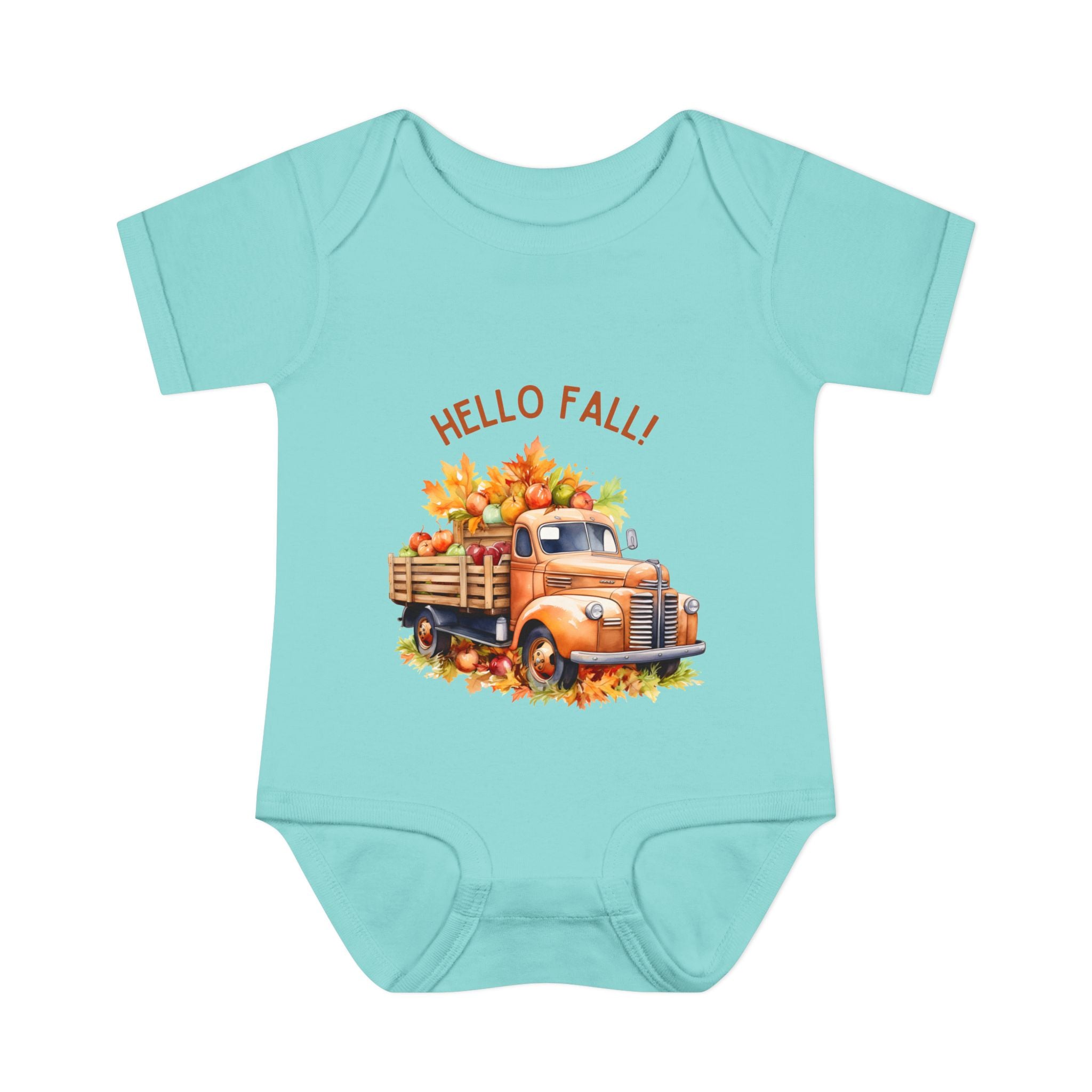 Baby onesie with a truck and 'Hello Fall!' text on a light blue background