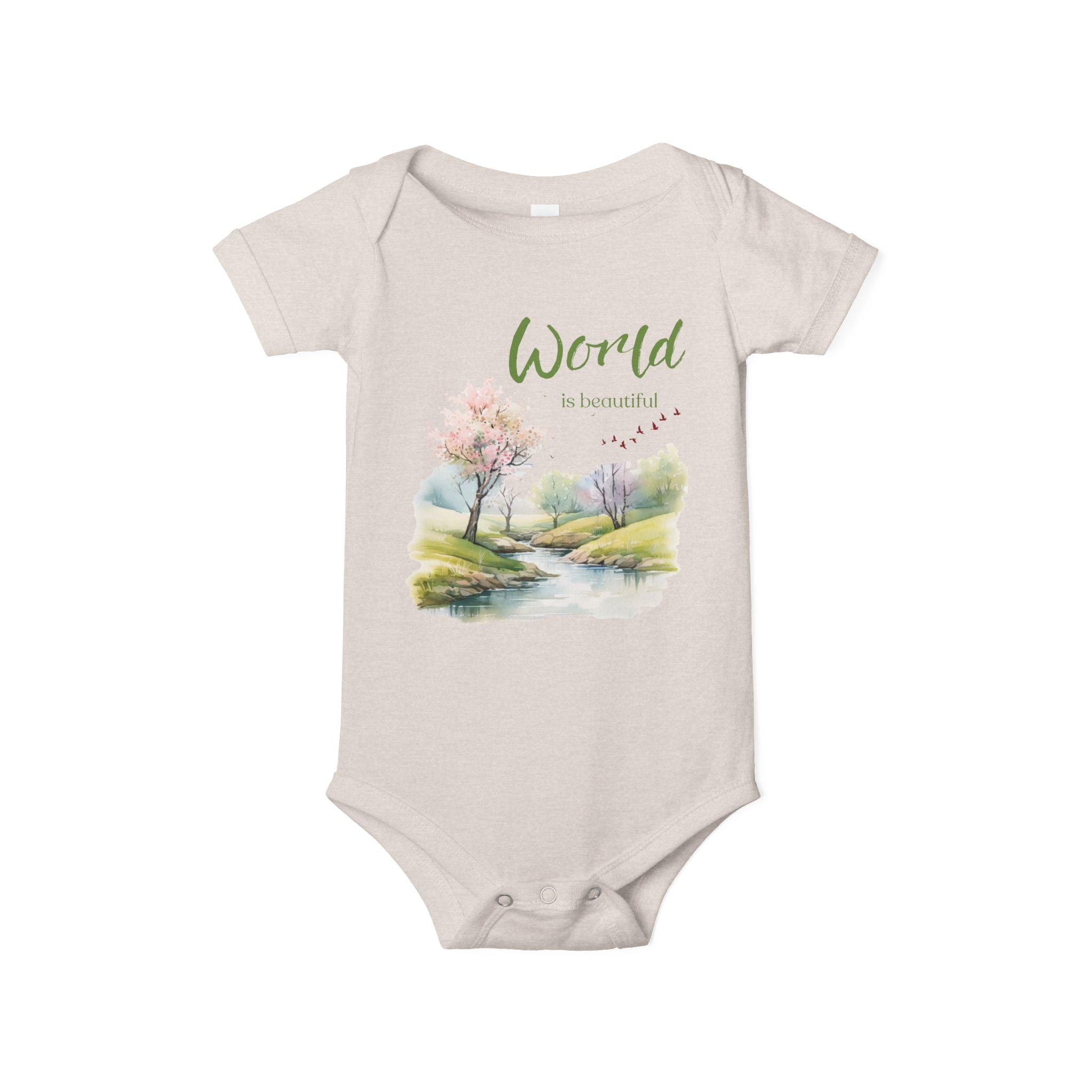 Baby onesie with "World is beautiful" text and pastel nature design, made from soft 100% Airlume cotton, displayed flat with envelope neckline and snap closures.