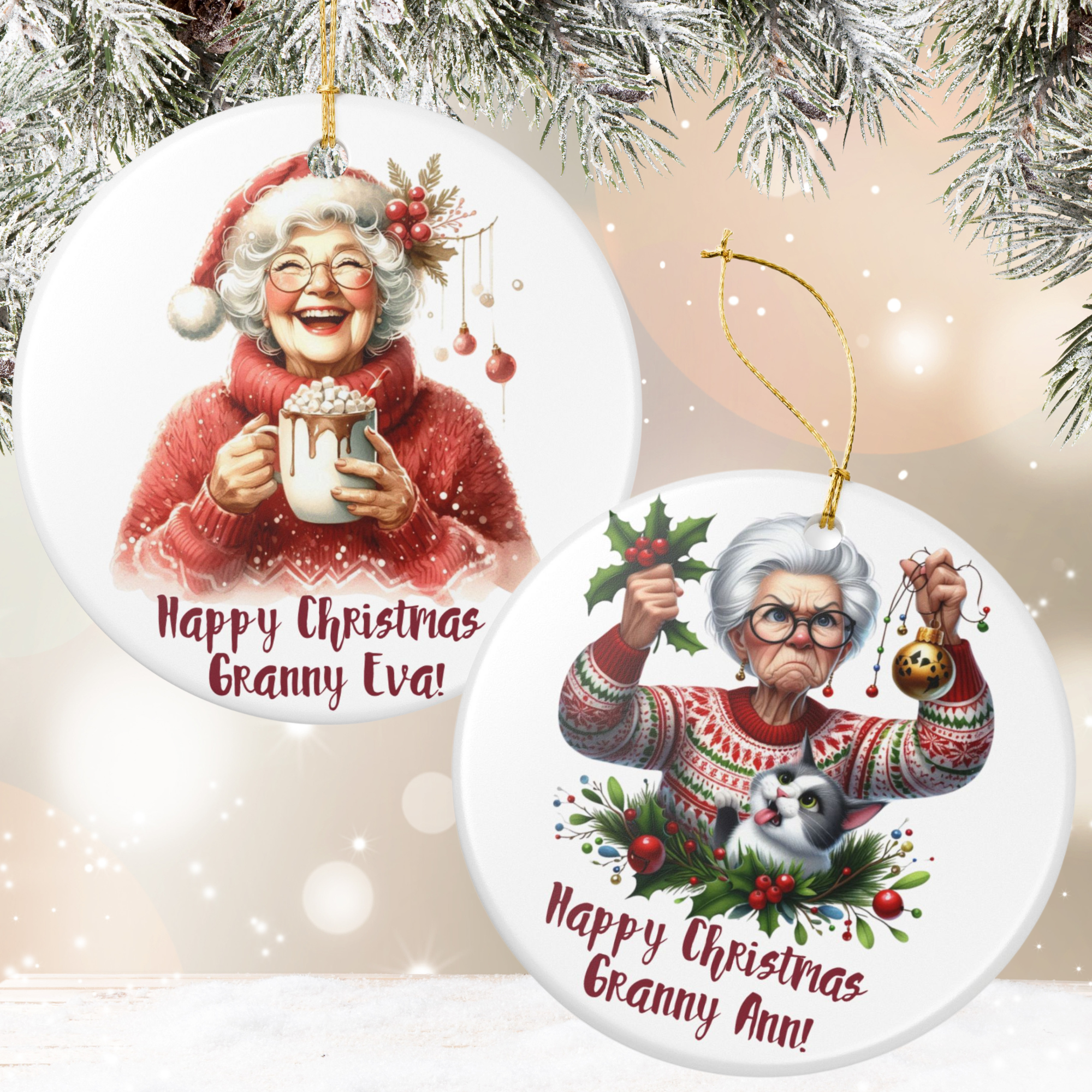 Christmas Personalized Ceramic Ornament for Grandma – Holiday Keepsake - 5 designs and Your own text