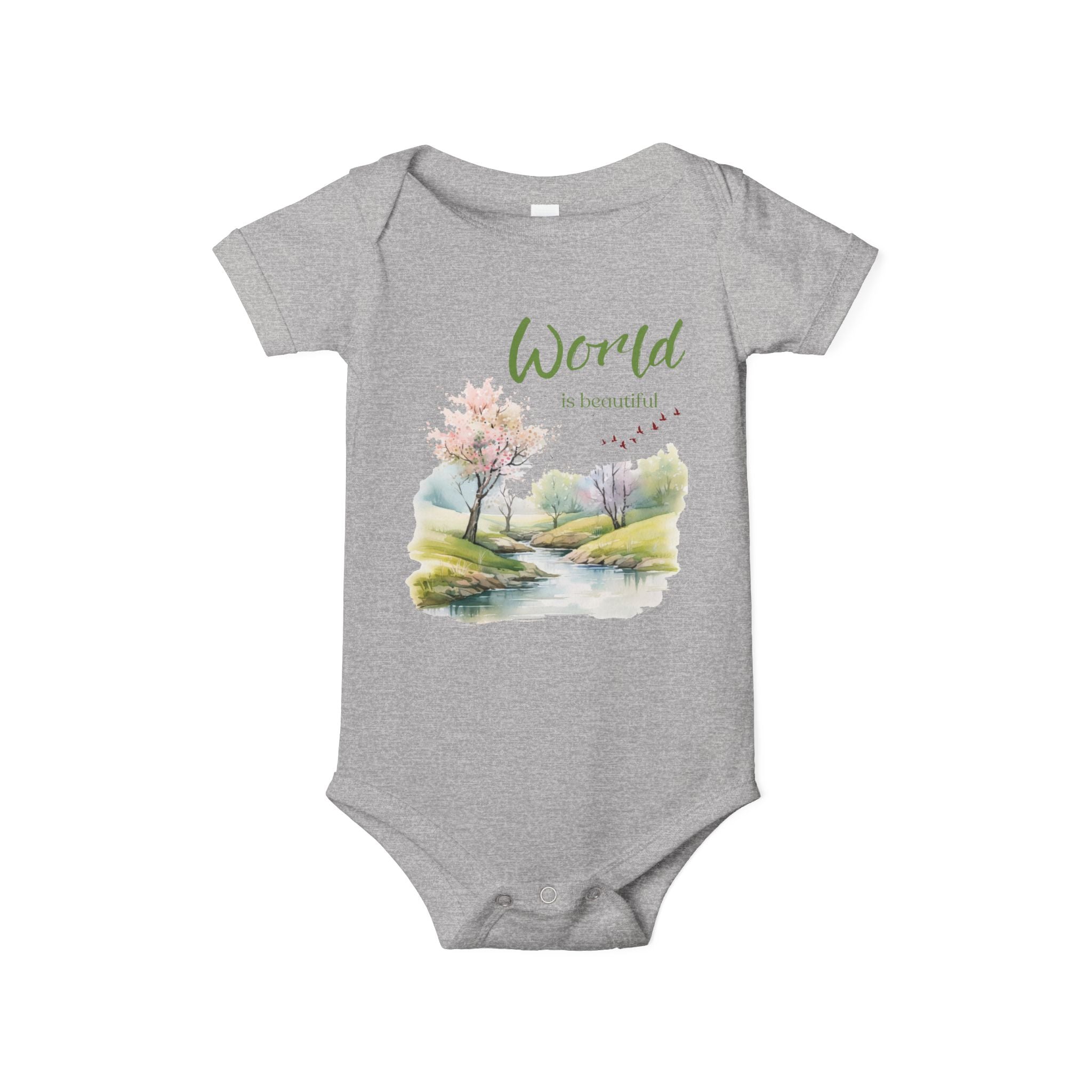 Baby onesie with "World is beautiful" text and pastel nature design, made from soft 100% Airlume cotton, displayed flat with envelope neckline and snap closures.