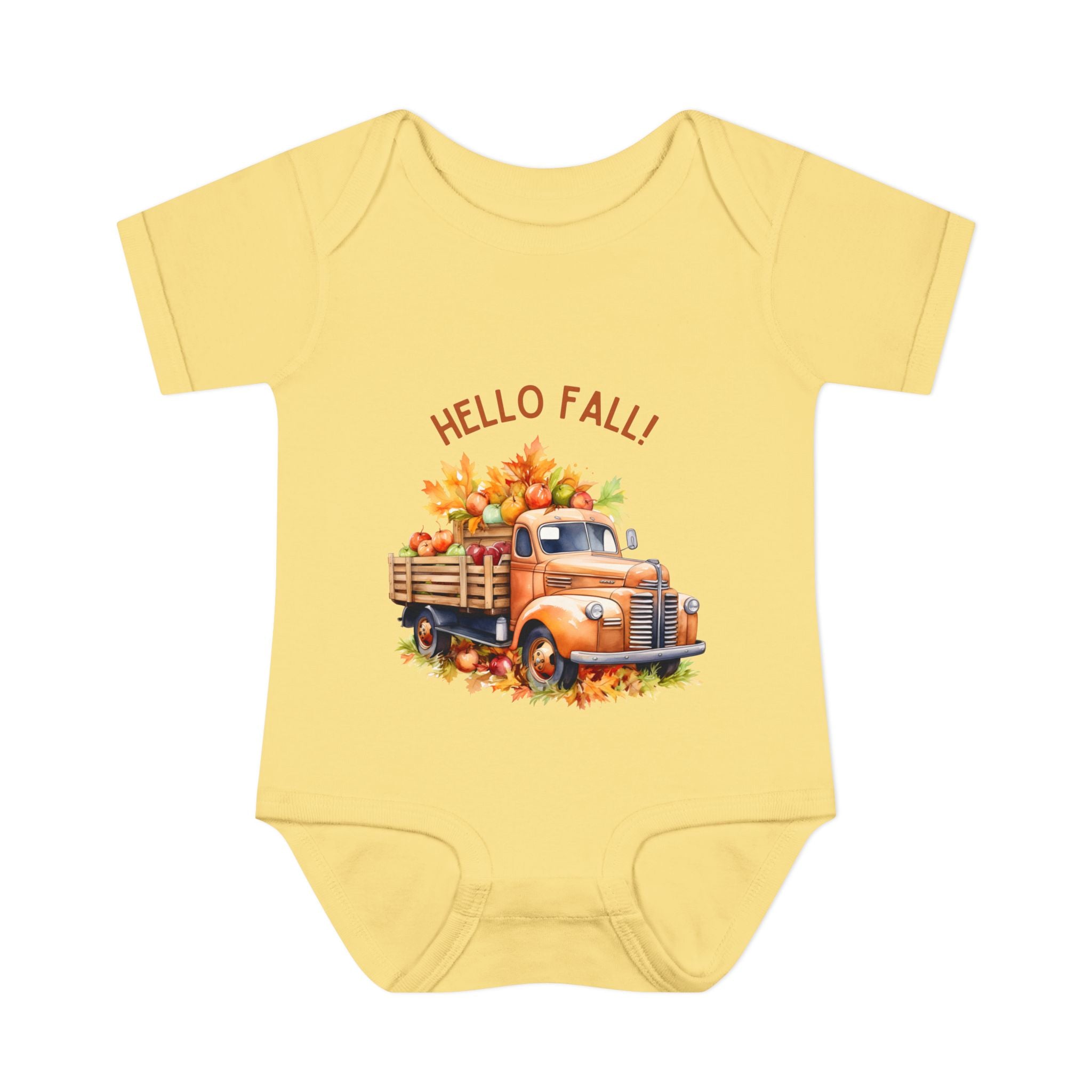 Yellow baby onesie with a truck and 'Hello Fall!' text on a white background