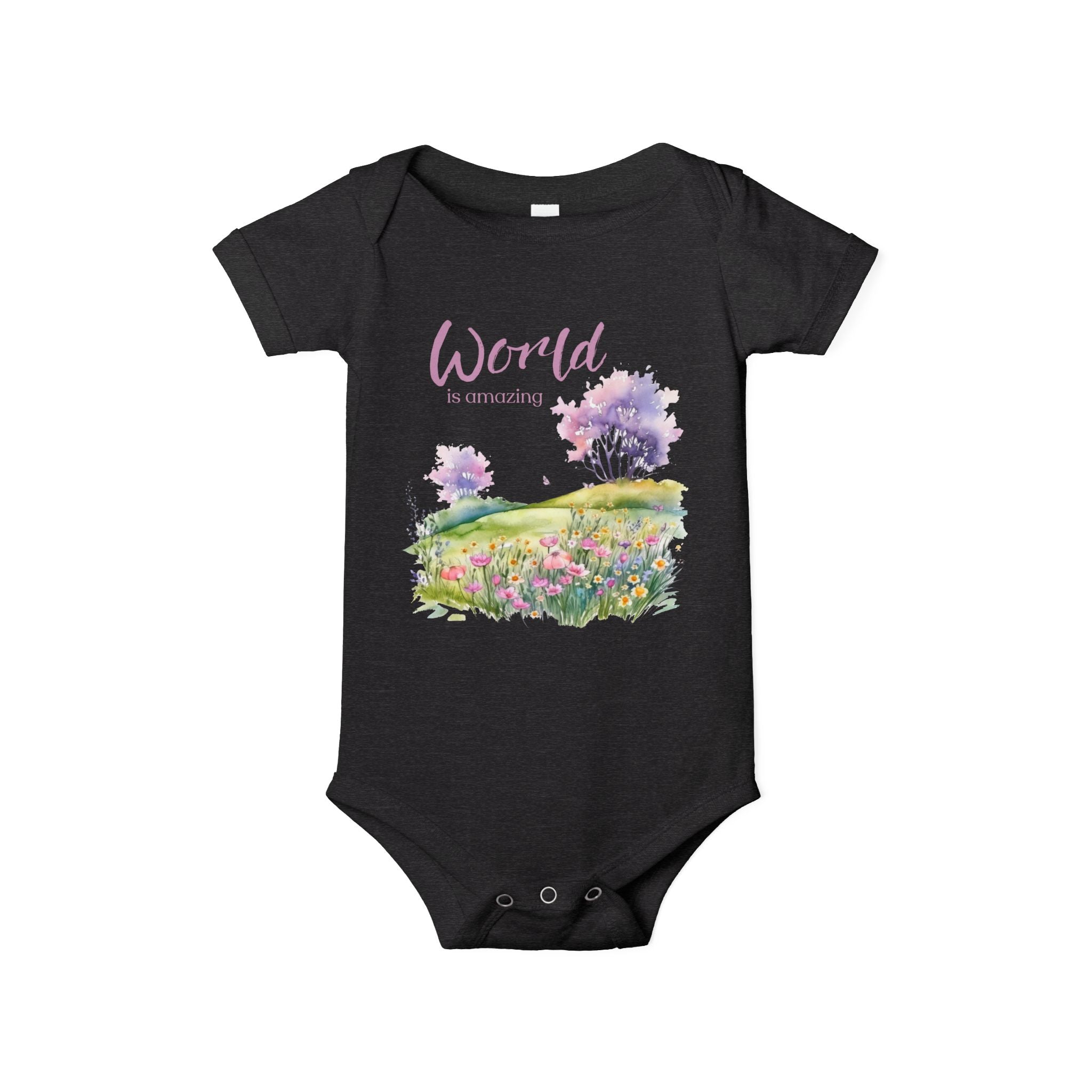 Baby onesie with "World is amazing" text and pastel nature design, made from soft 100% Airlume cotton, displayed flat with envelope neckline and snap closures.