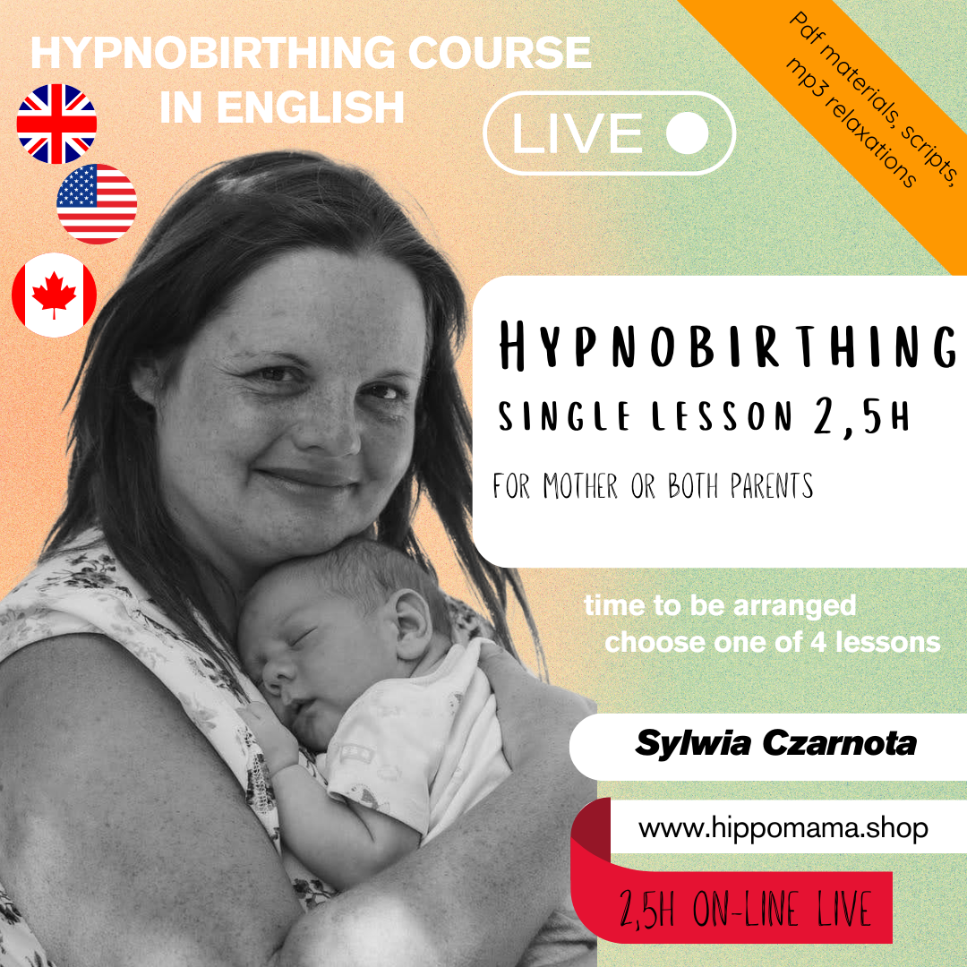 Advertisement for a hypnobirthing course single lesson online with a woman holding a baby, featuring text about the course details.