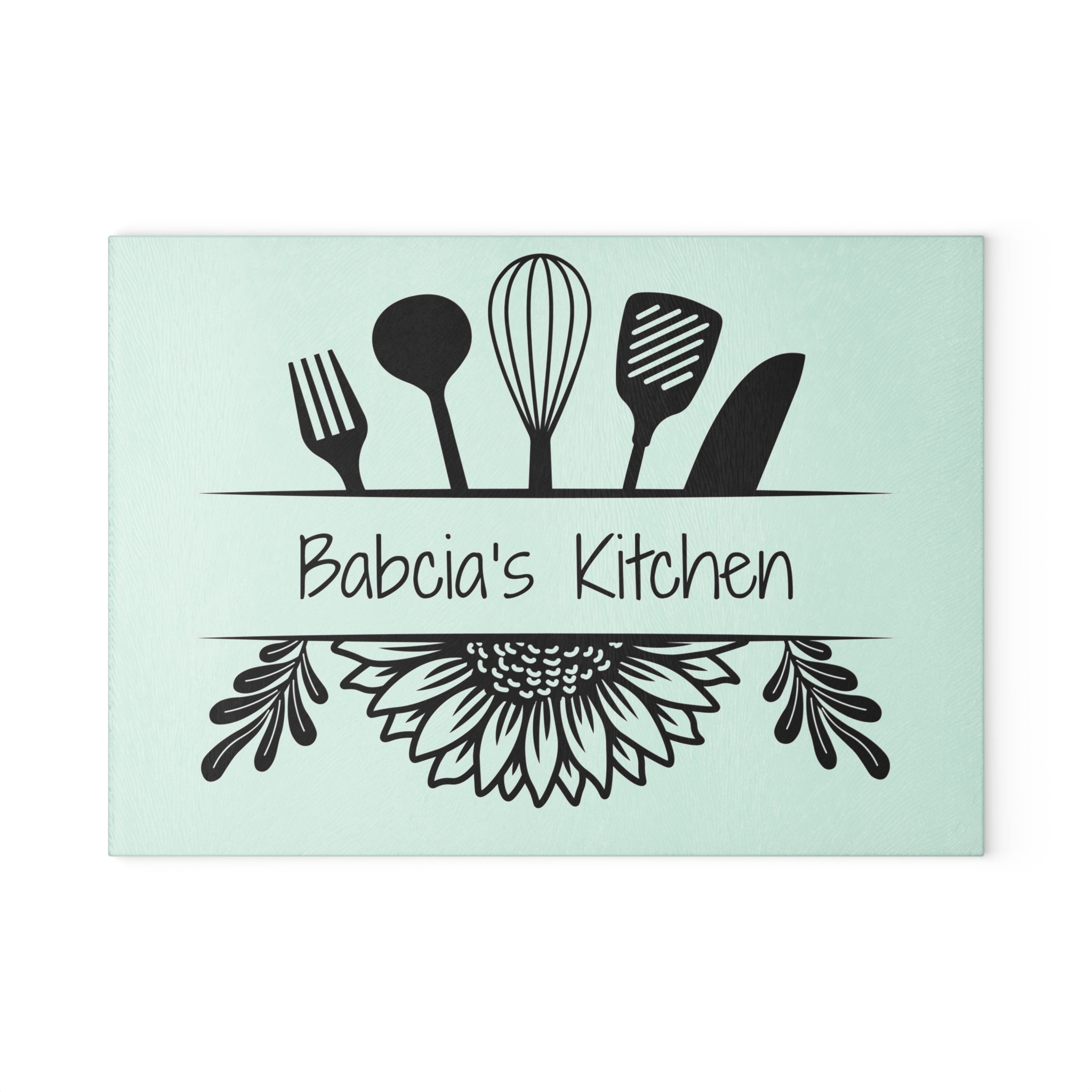 Decorative kitchen sign with utensil design and 'Babcia's Kitchen' text on a light blue background. For Polish babcia in the USA.