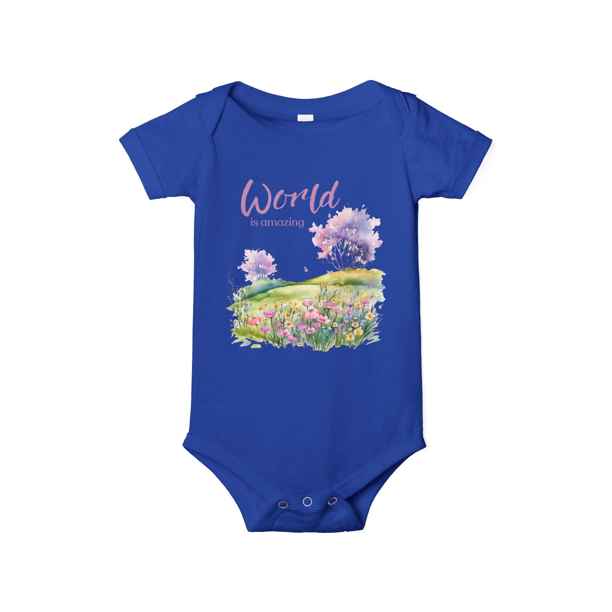 Baby onesie with "World is amazing" text and pastel nature design, made from soft 100% Airlume cotton, displayed flat with envelope neckline and snap closures.