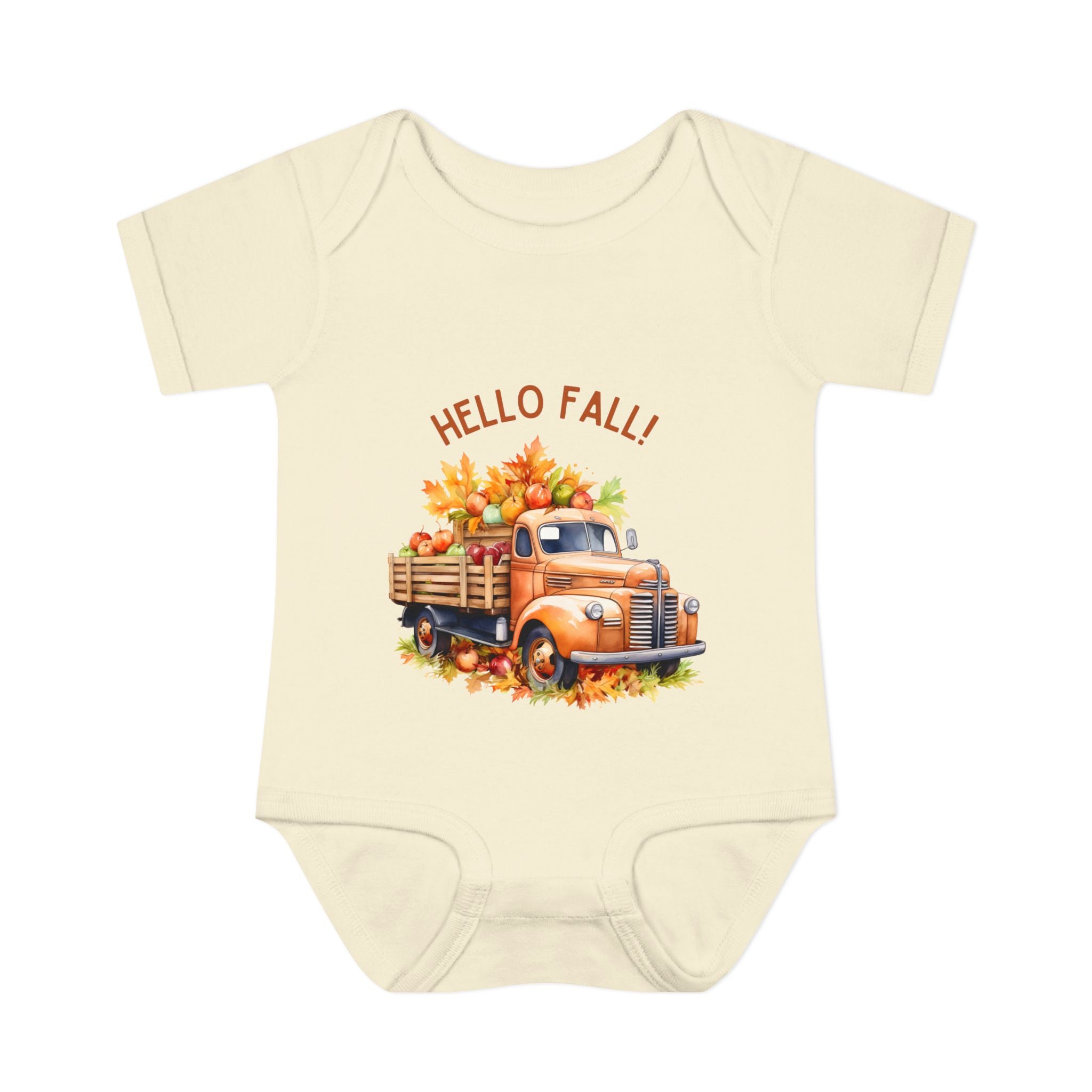 Beige baby onesie with a truck and 'Hello Fall!' text on a white background