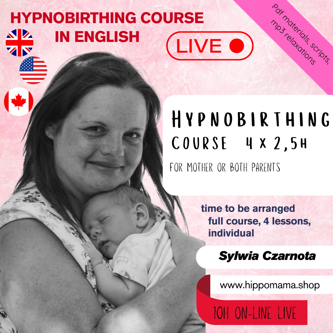 Advertisement for a hypnobirthing course live online with a woman holding a baby on a pink background.