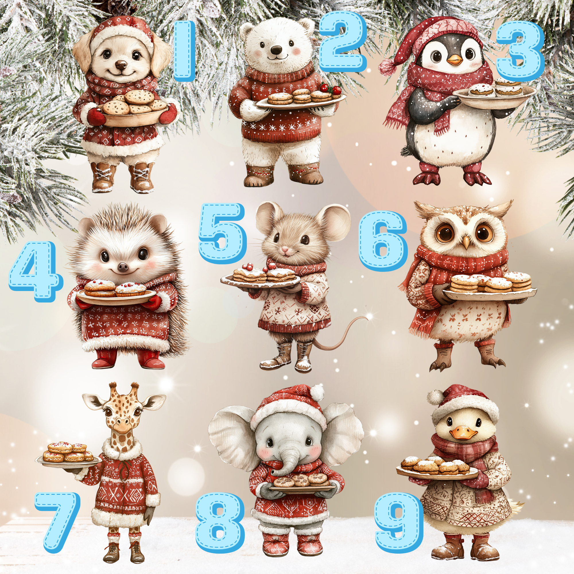 advent calendar with cartoon animals in winter clothing holding cookies, against a snowy background