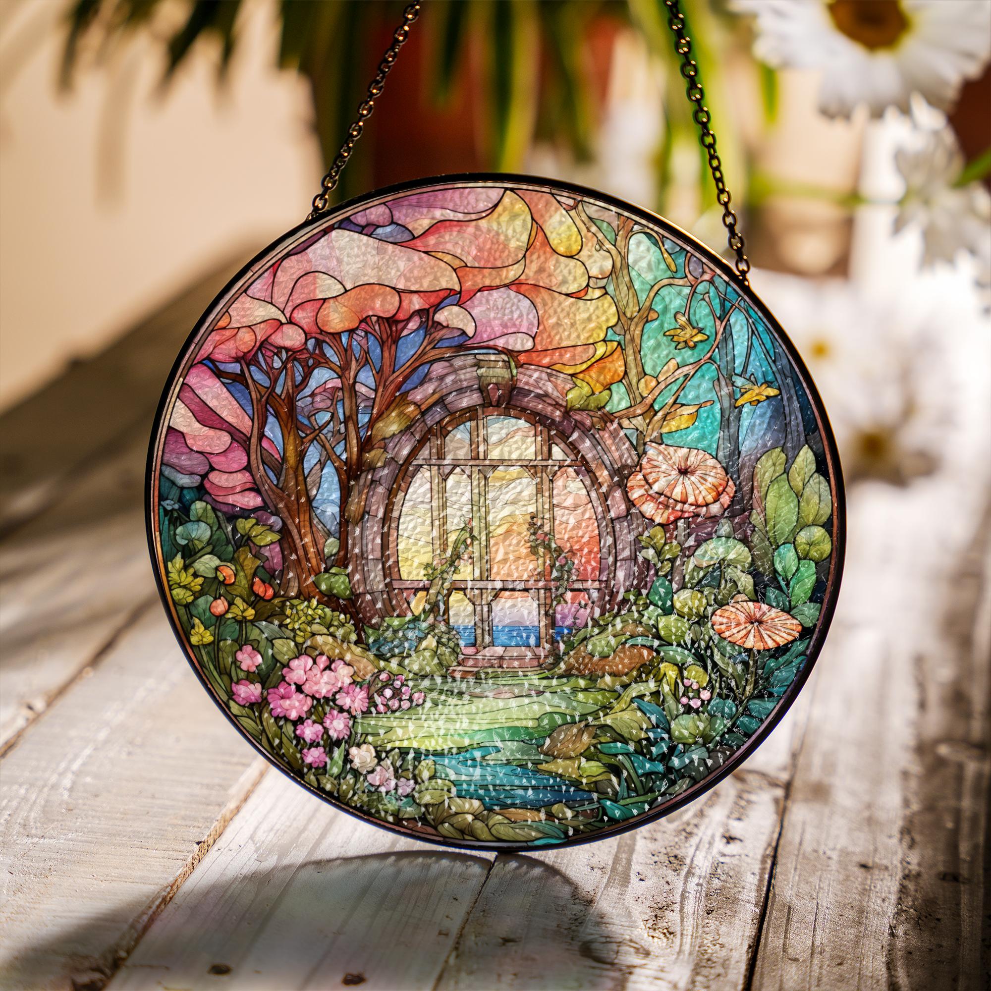 Round stained glass panel with a garden scene on a wooden surface