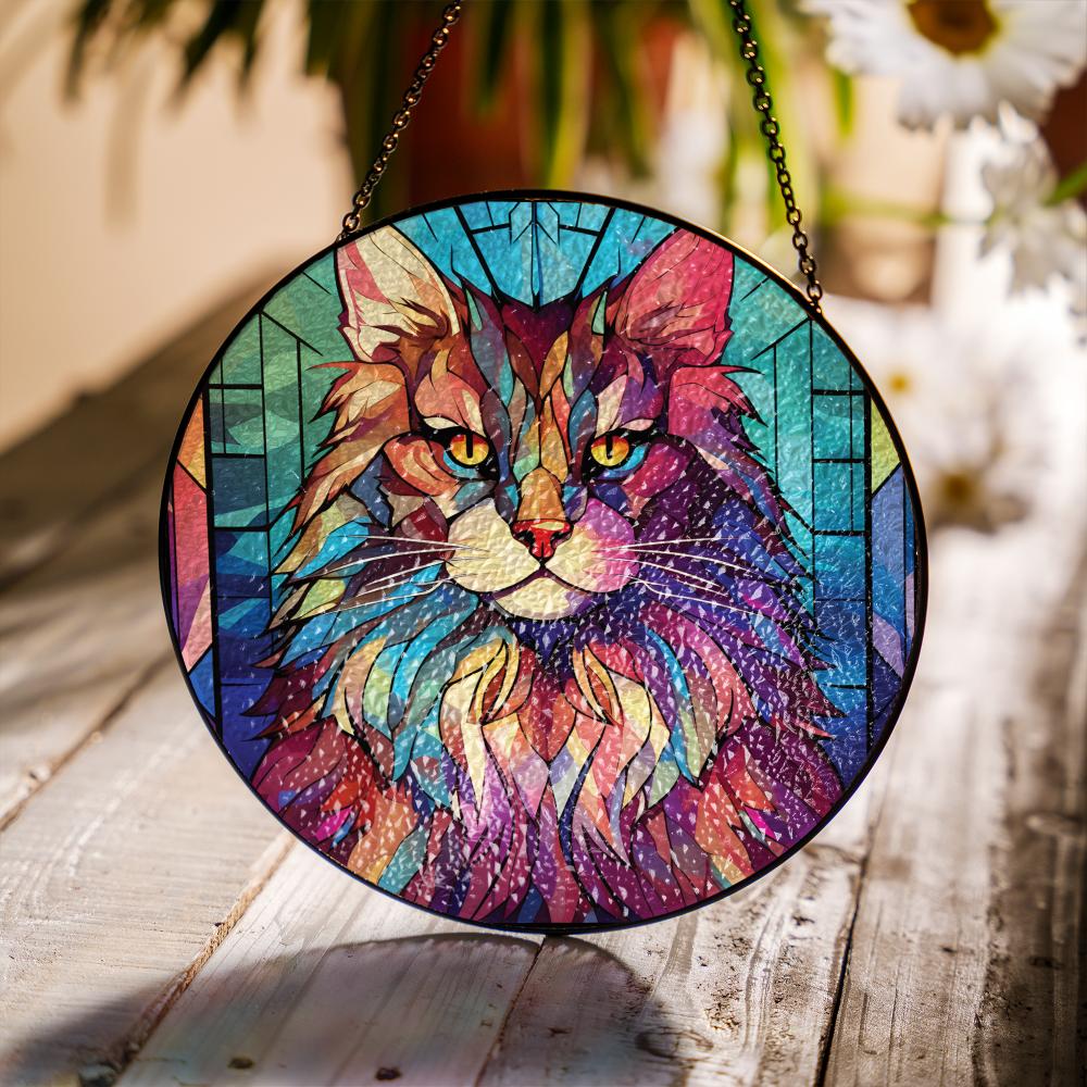 Stained glass suncatcher featuring a Norwegian Forest Cat with vibrant colors, hanging in a window and glowing in natural sunlight
