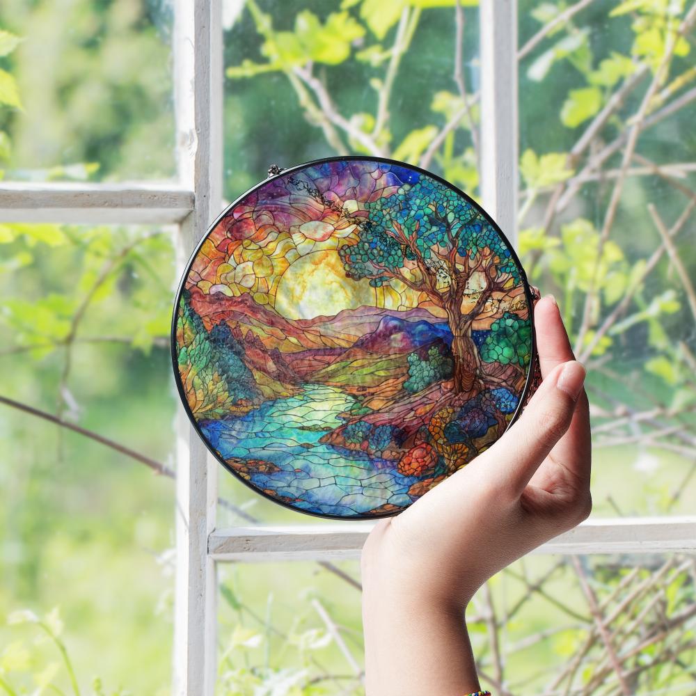 stained glass suncatcher landscape with a river