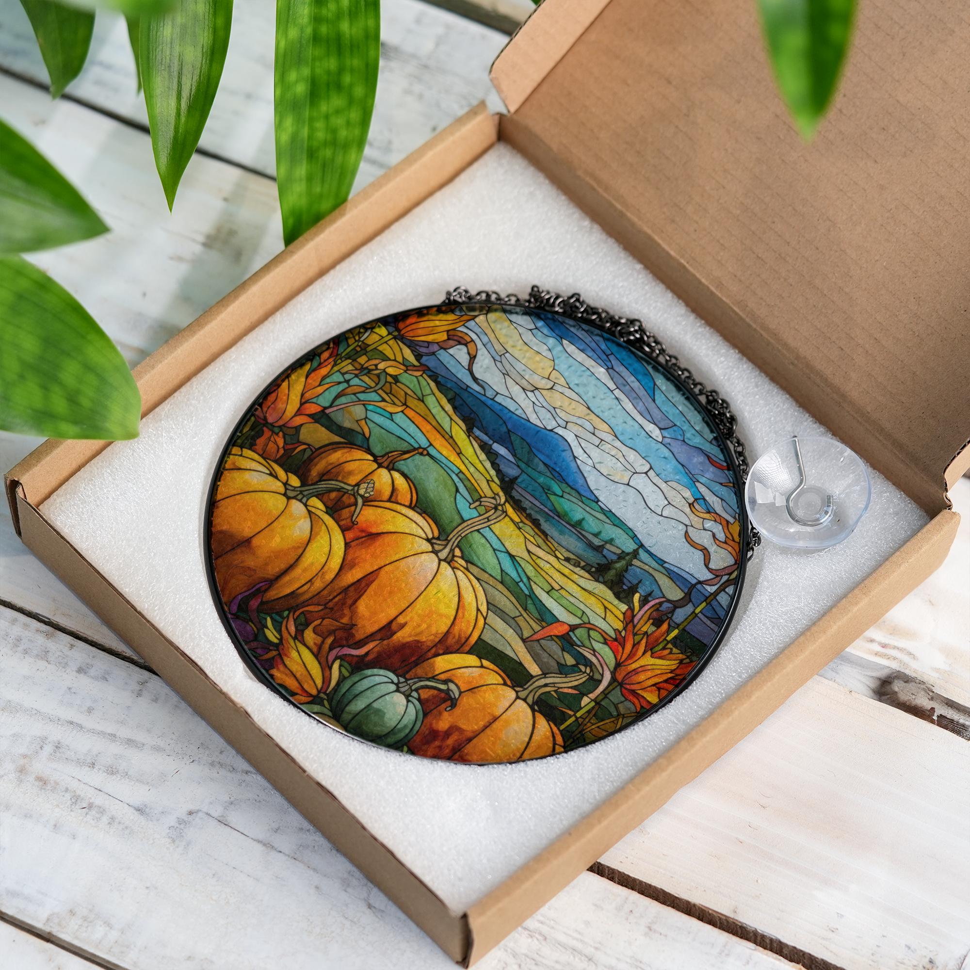 Pumpkin field suncatcher stained glass