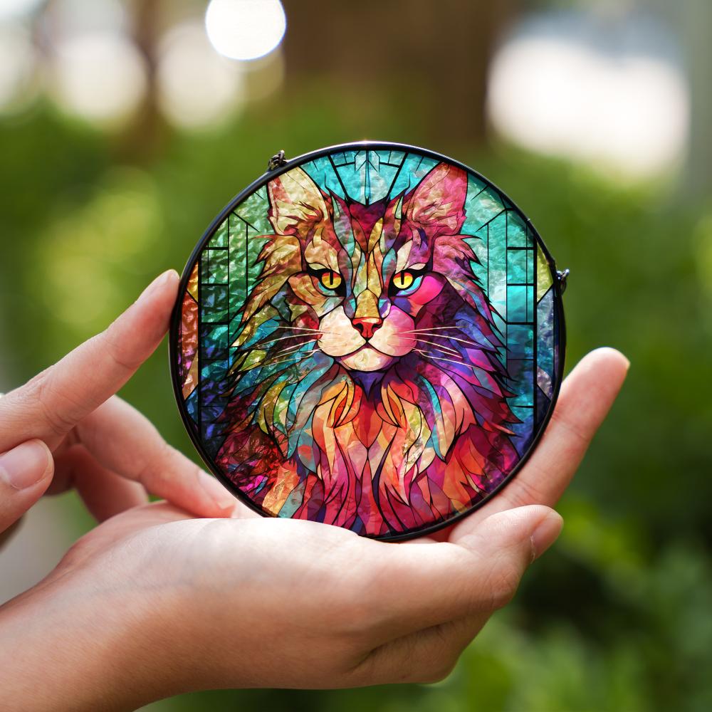 Stained glass suncatcher featuring a Norwegian Forest Cat with vibrant colors