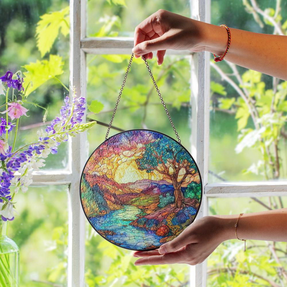 stained glass suncatcher landscape with a river