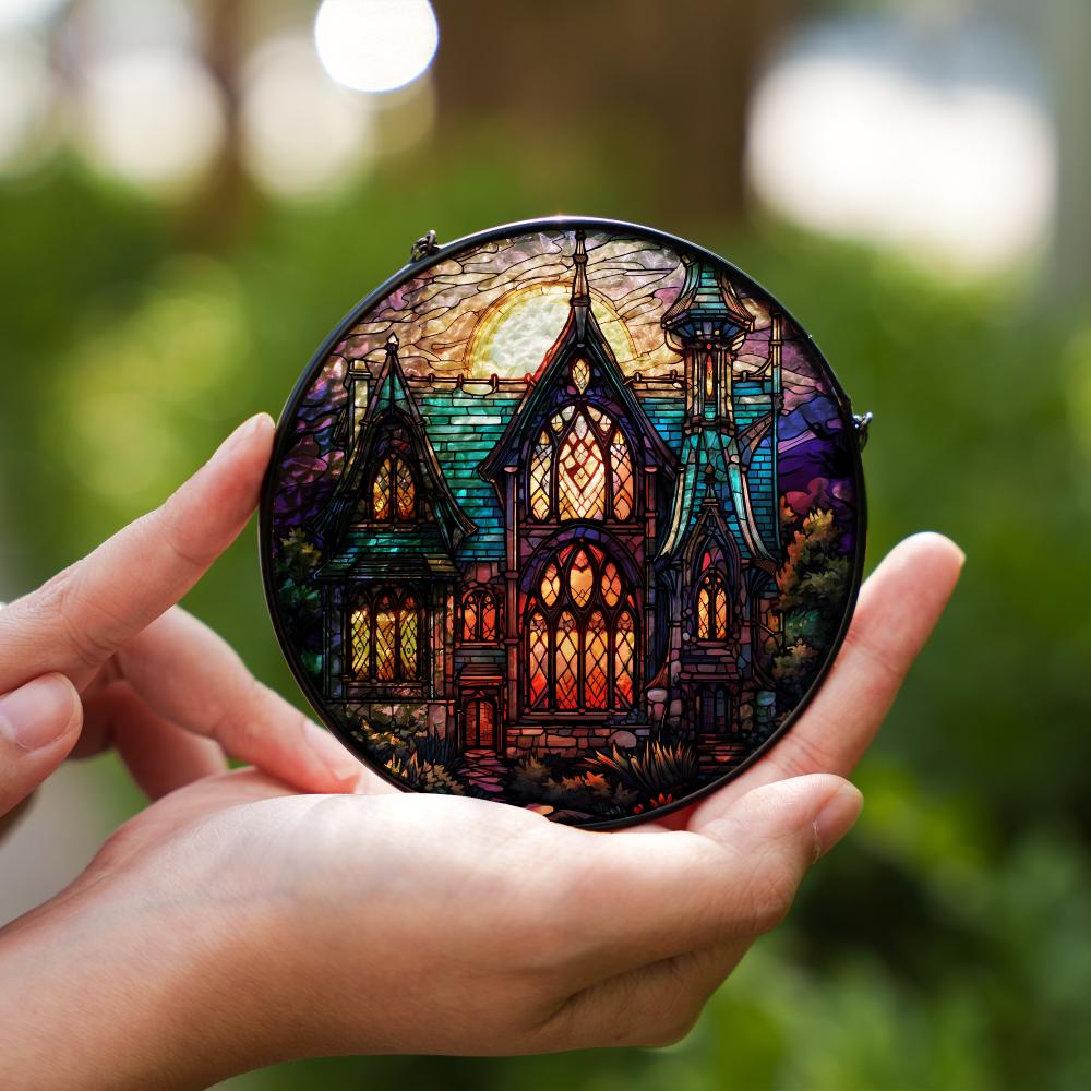 Stained glass suncatcher featuring a gothic mansion with a full moon small
