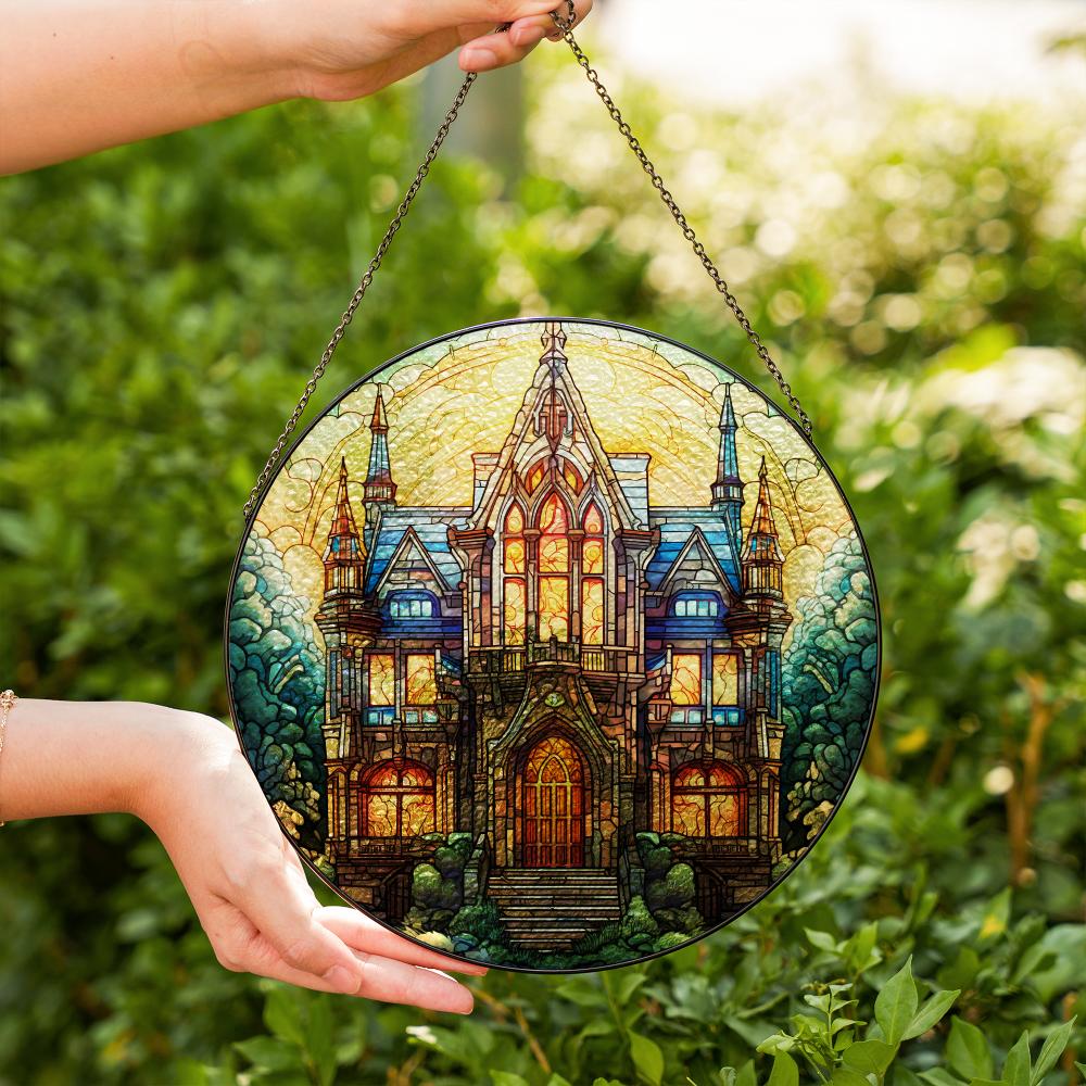 Handcrafted Gothic stained glass suncatcher with vivid, fade-resistant colors. Perfect window decor or gift, available in multiple sizes and ready to hang.