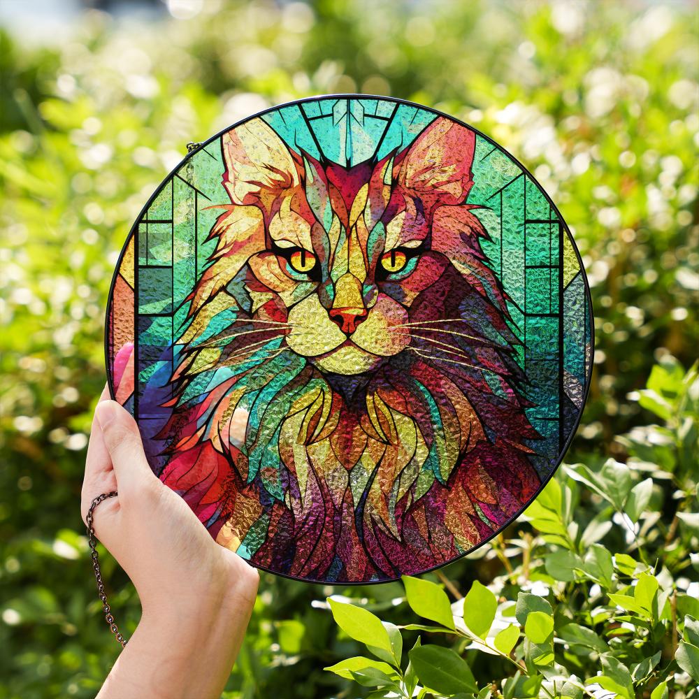 Stained glass suncatcher featuring a Norwegian Forest Cat with vibrant colors