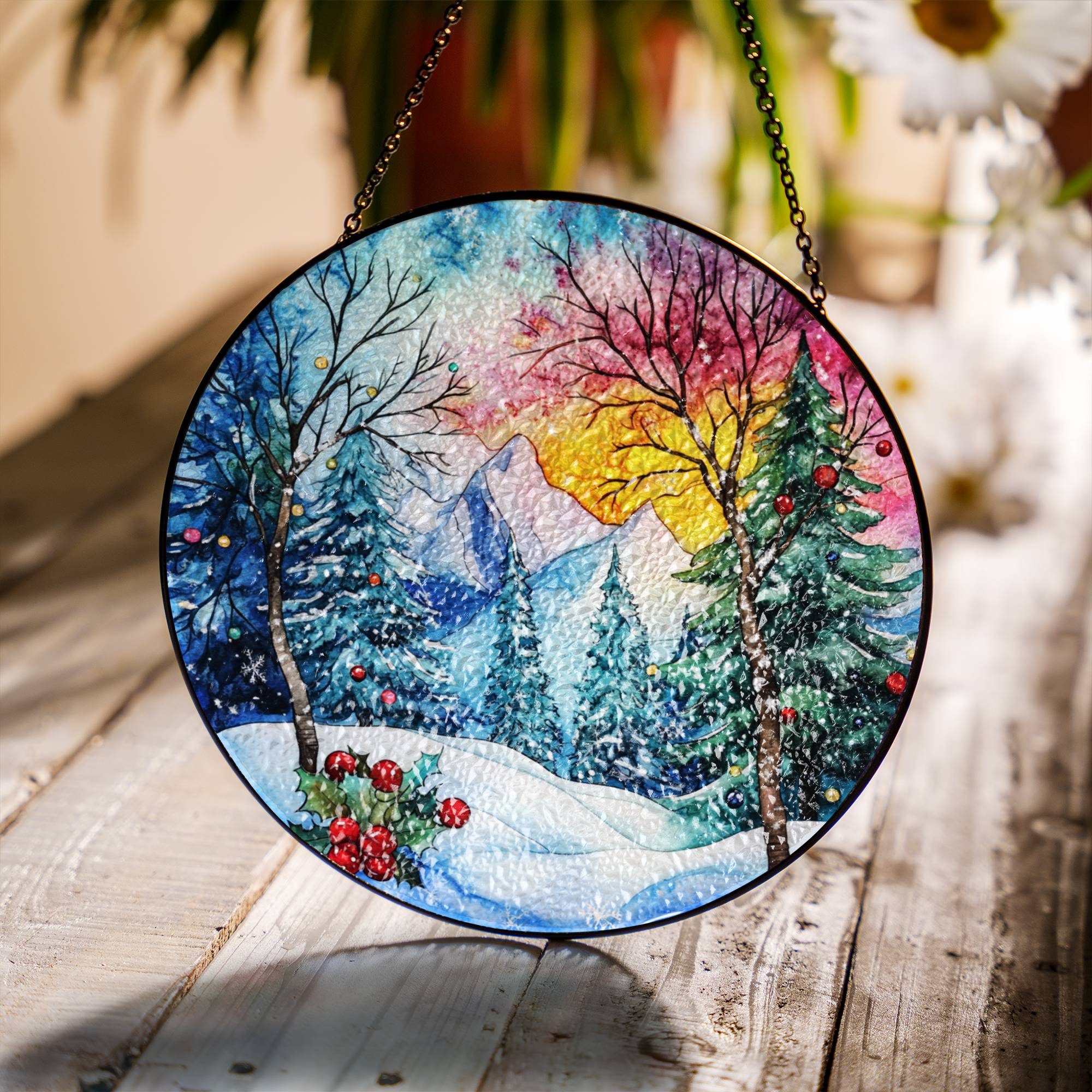 Winter Mountain Stained Glass Suncatcher – Christma Window Art