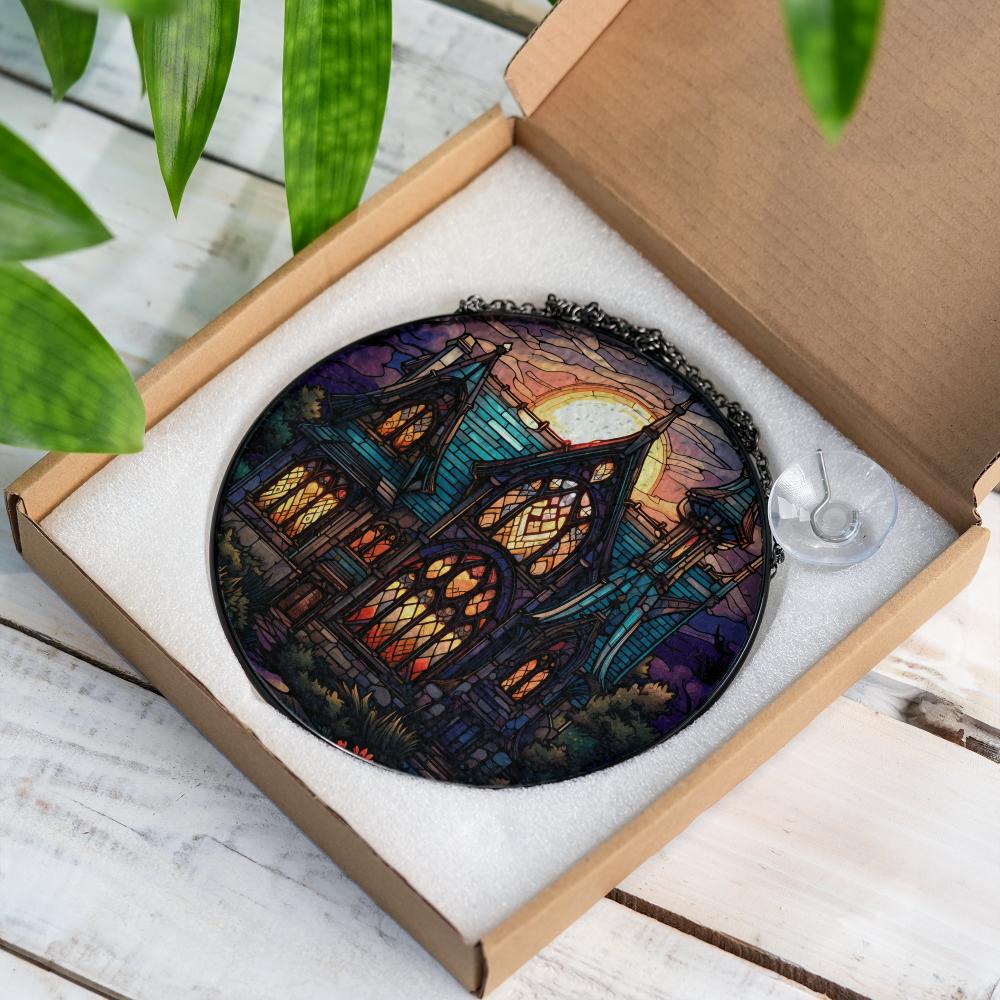 Stained glass suncatcher featuring a gothic mansion with a full moon in a box