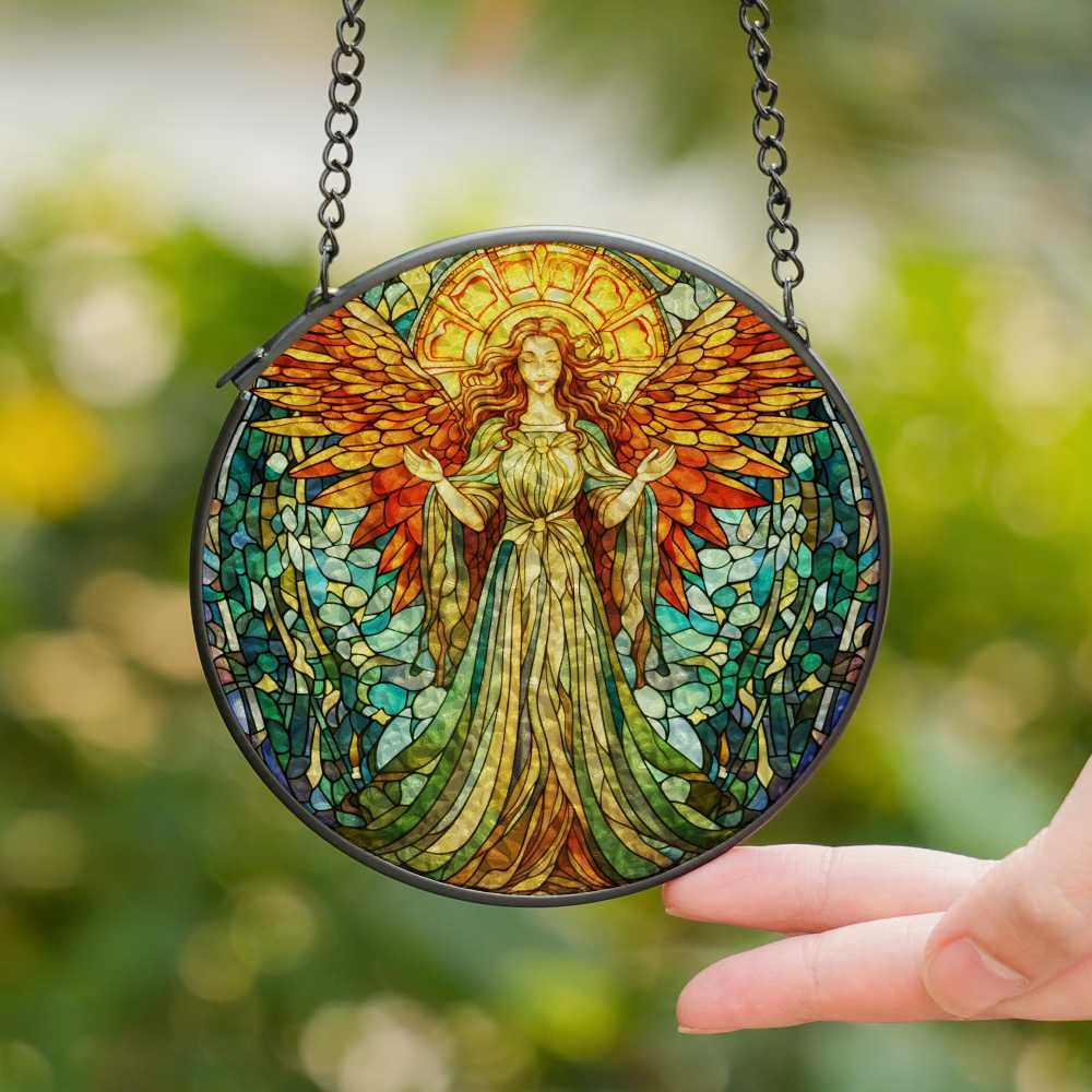 Stained glass angel artwork held by a hand with a blurred green background