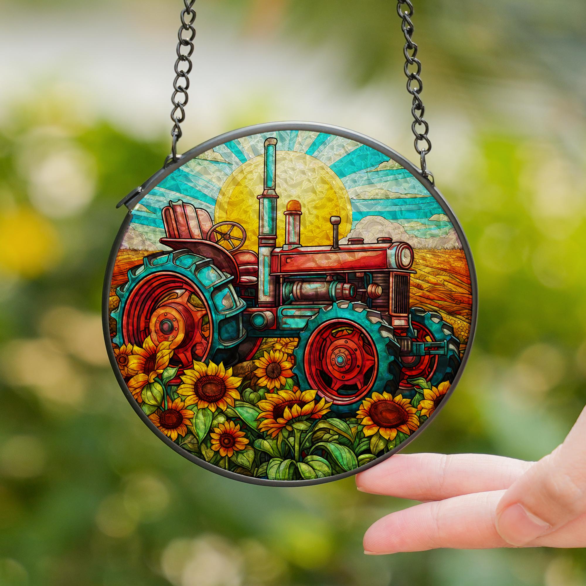 tractor farm suncatcher stained glass