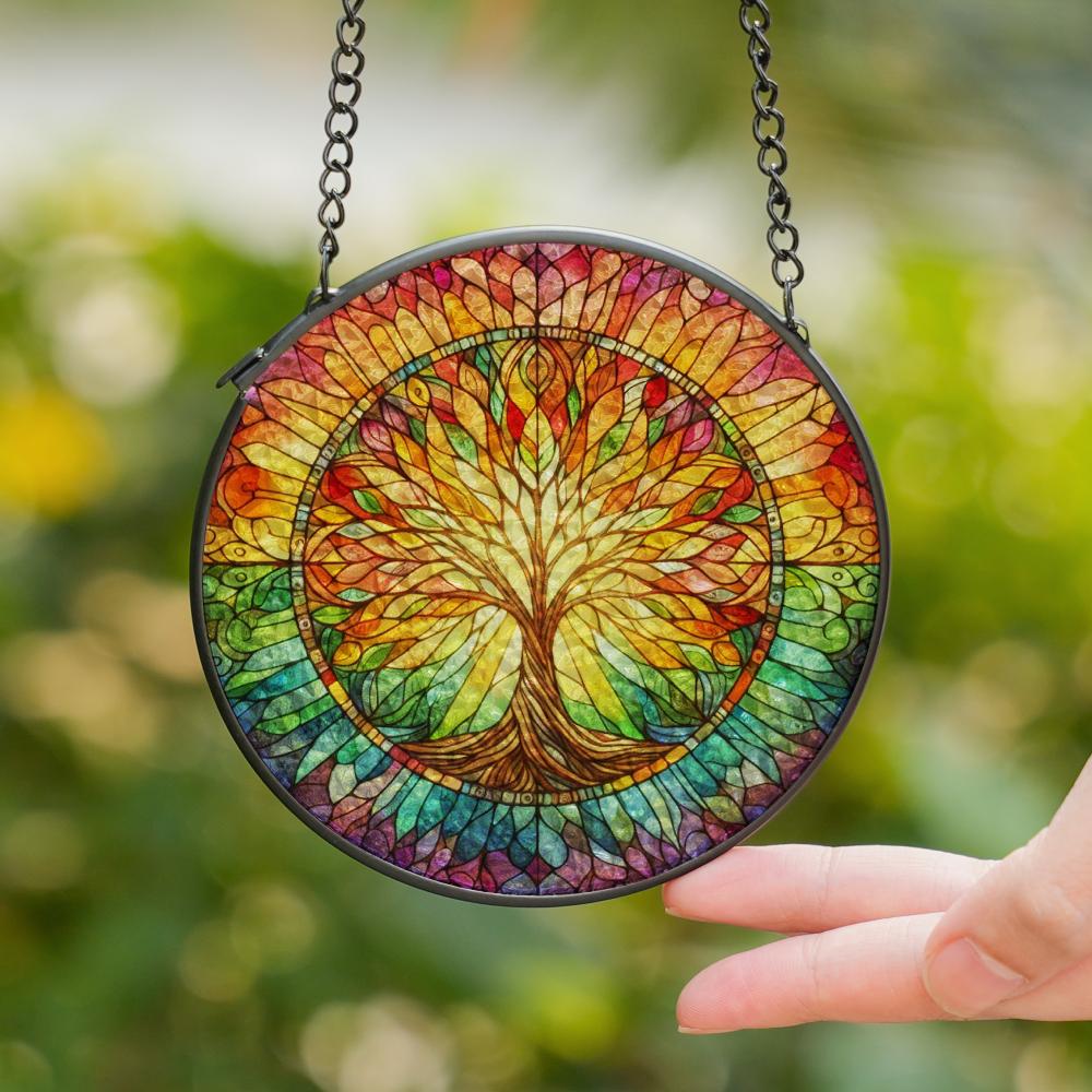 Colorful stained glass suncatcher featuring a vibrant Tree of Life design