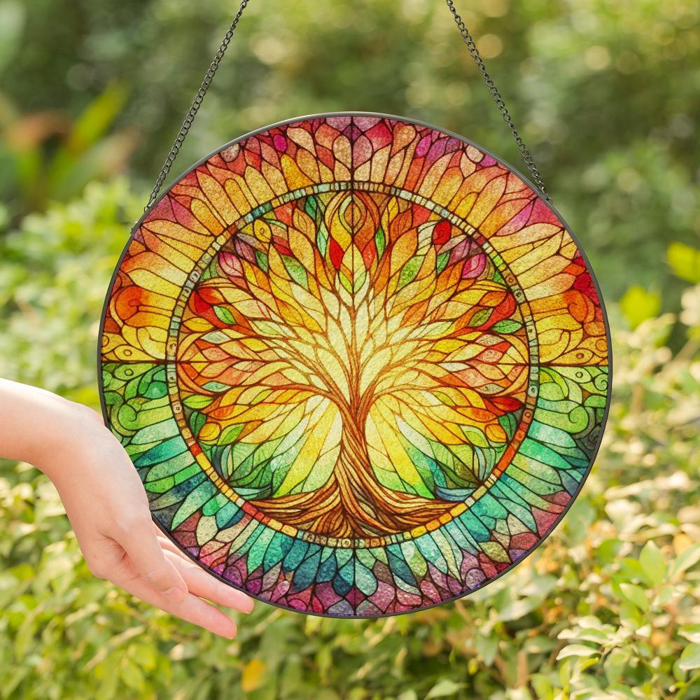 Colorful stained glass suncatcher featuring a vibrant Tree of Life design