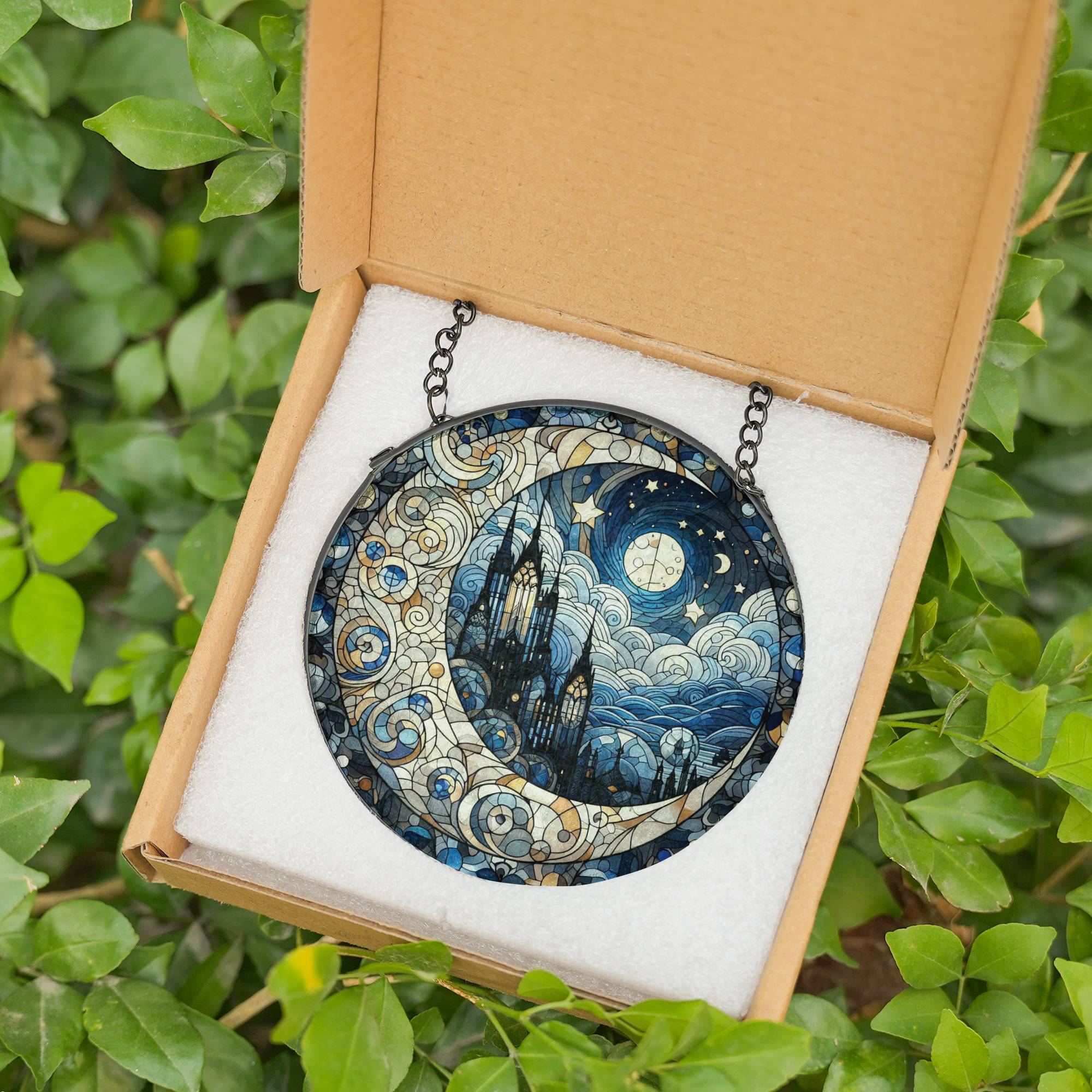 Stained glass window hanging featuring gothic cathedral, crescent moon, and starry sky—handmade suncatcher decor for home or gift