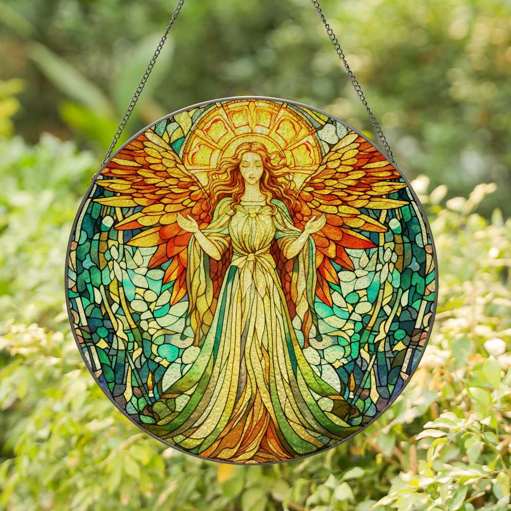 Stained glass angel artwork hanging against a green leafy background