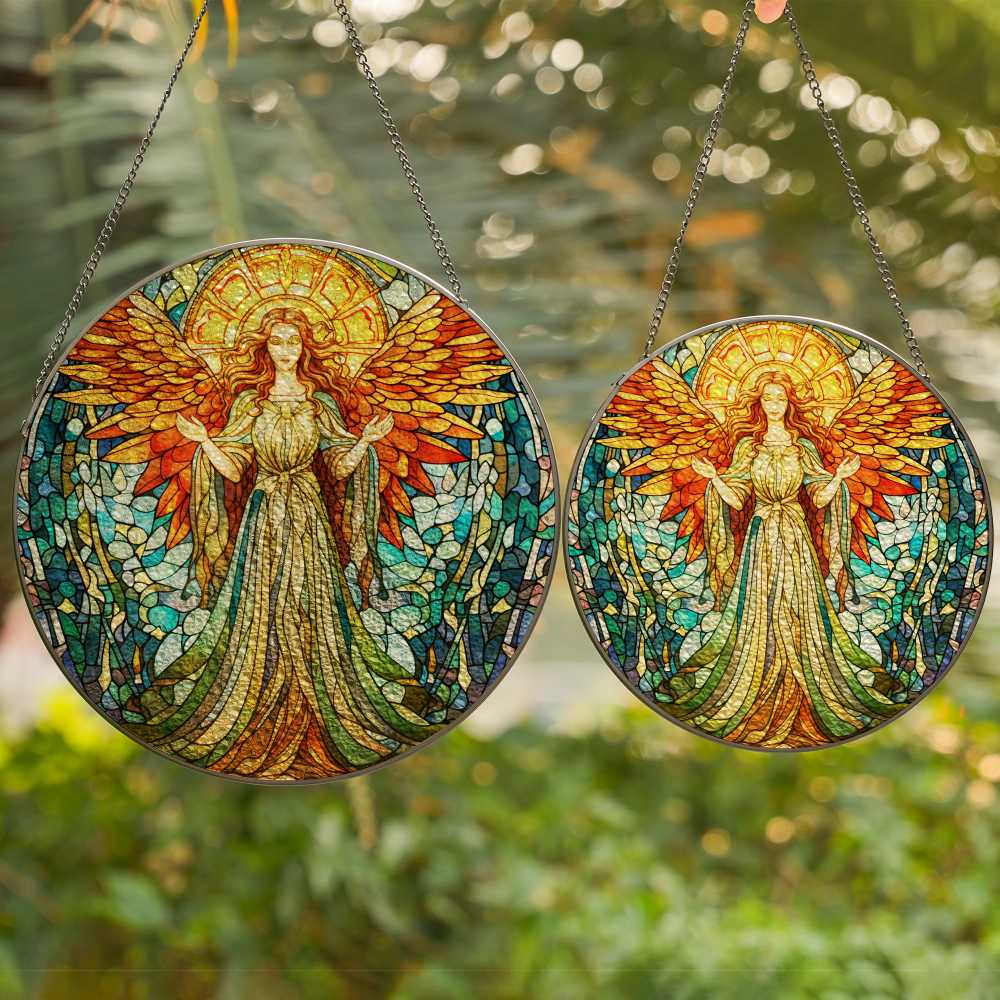 Two stained glass angel sun catchers with a blurred green foliage background