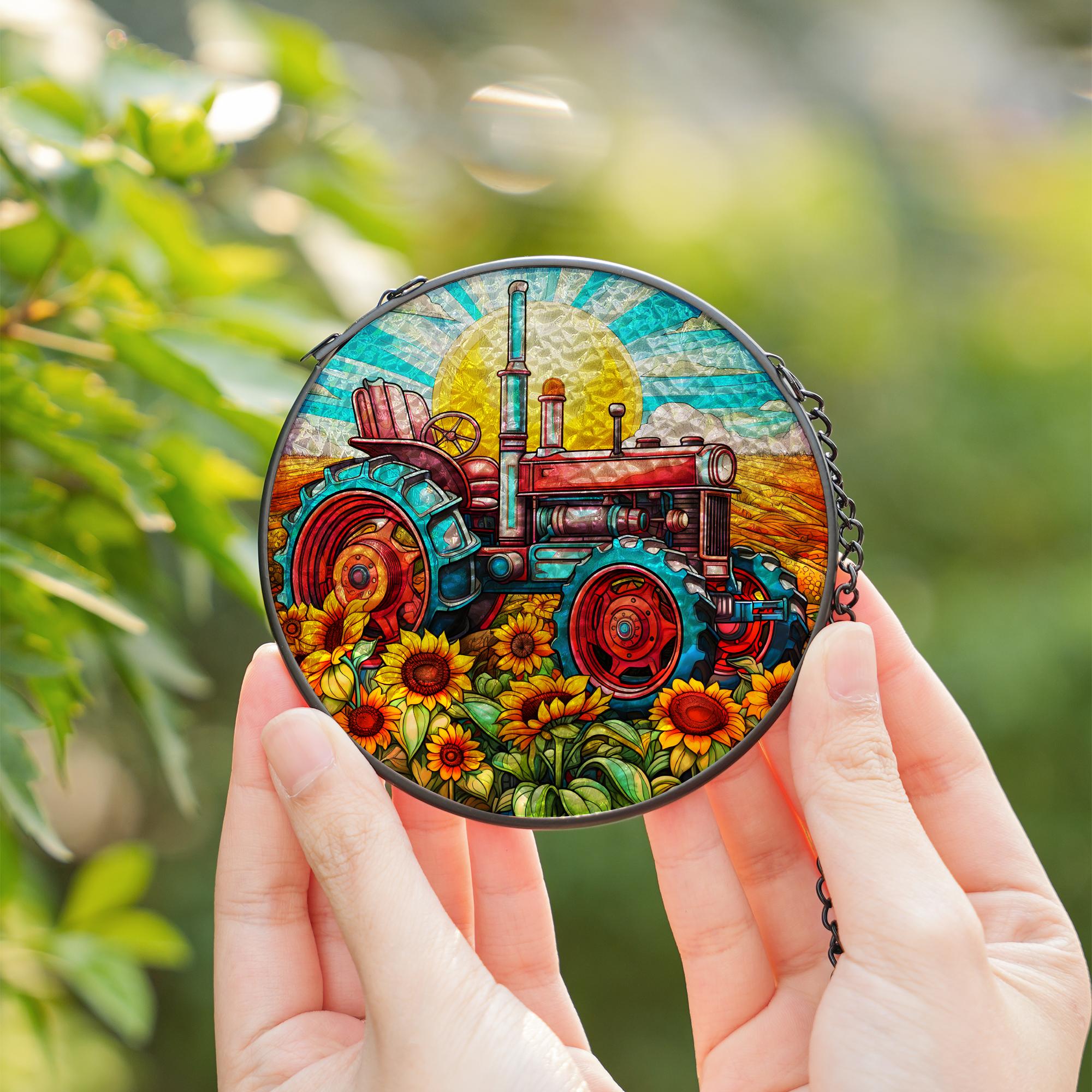 stained glass suncatcher with tractor and sunflowers