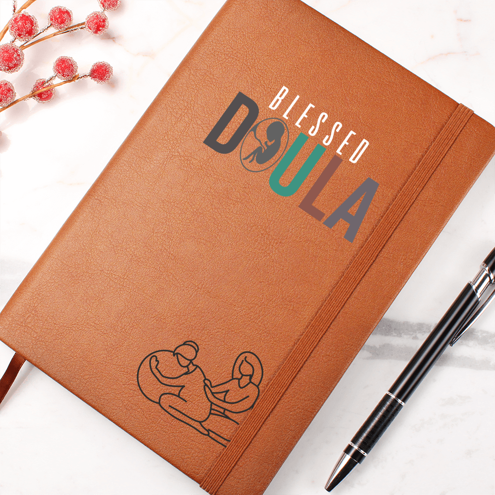 Journal for a doula on a premium vegan leather cover, includes 200 lined pages, a ribbon bookmark, and a brown elastic closure band.