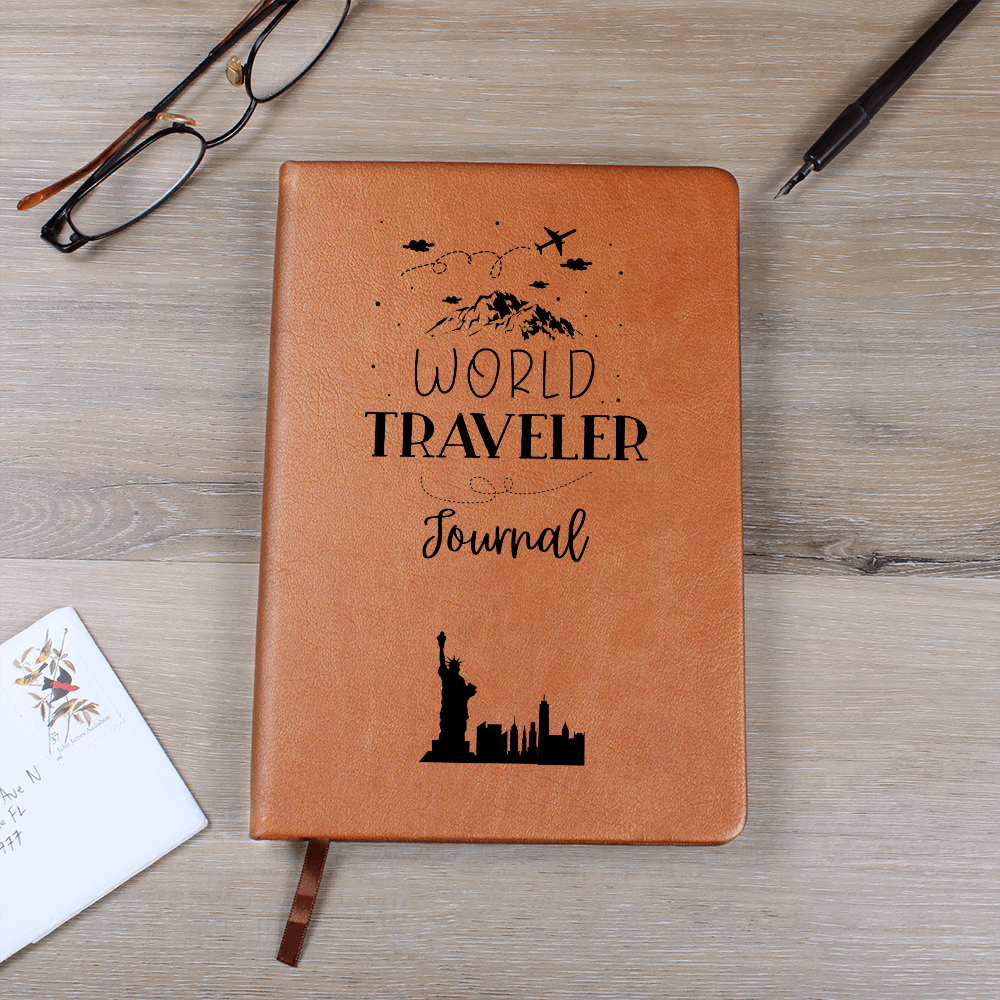 world traveler vegan leather journal with brown elastic band, ribbon bookmark, and 200 lined pages, ideal for documenting travel adventures