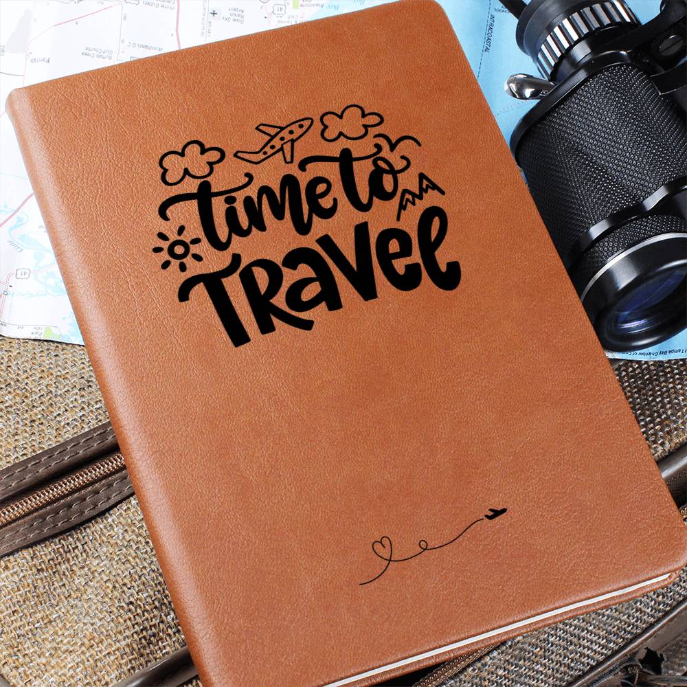 Time to Travel vegan leather journal with brown elastic band, ribbon bookmark, and 200 lined pages, ideal for documenting travel adventures