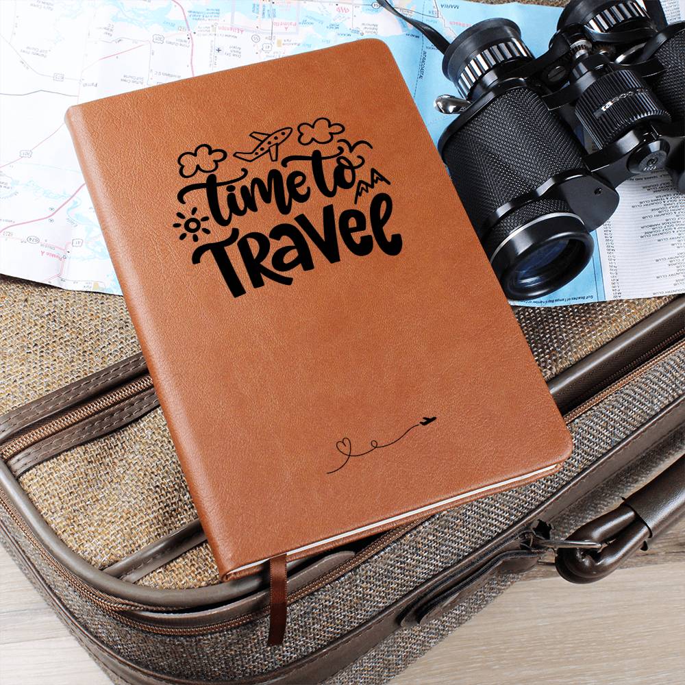 Time to Travel vegan leather journal with brown elastic band, ribbon bookmark, and 200 lined pages, ideal for documenting travel adventures