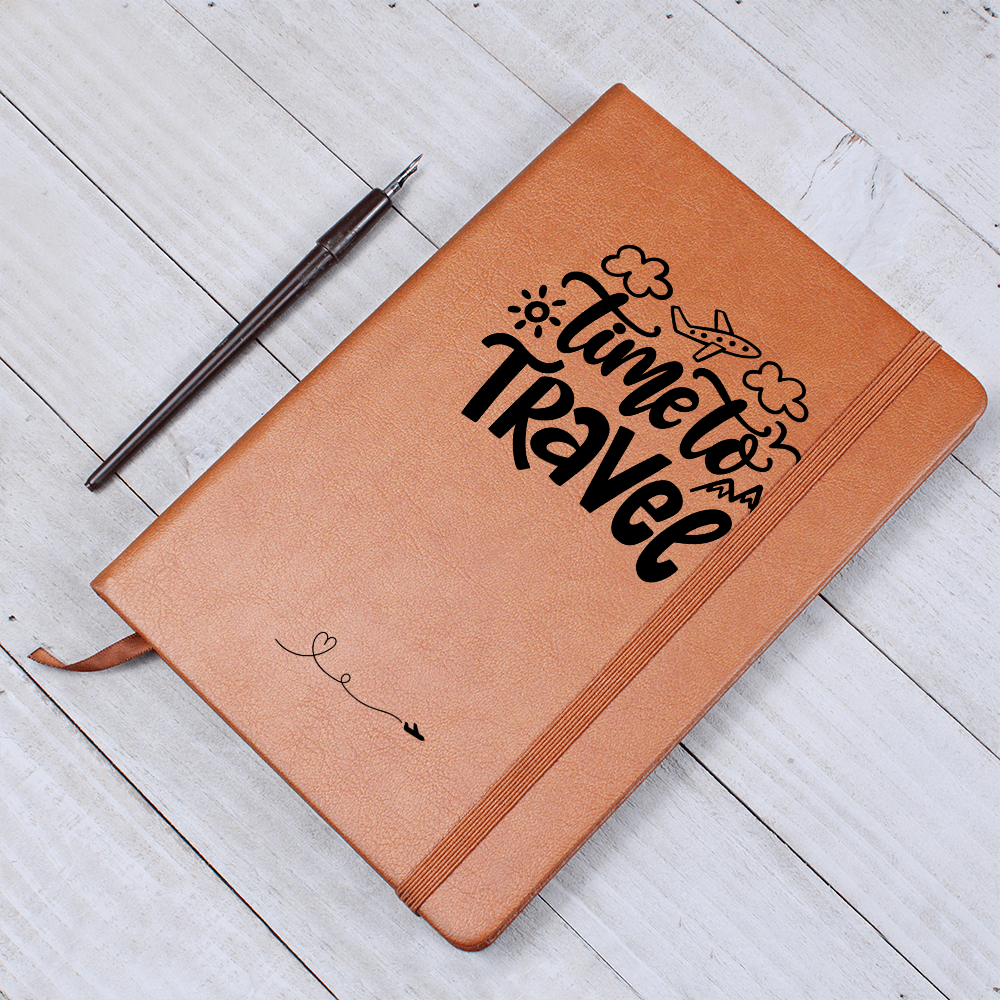Time to Travel vegan leather journal with brown elastic band, ribbon bookmark, and 200 lined pages, ideal for documenting travel adventures