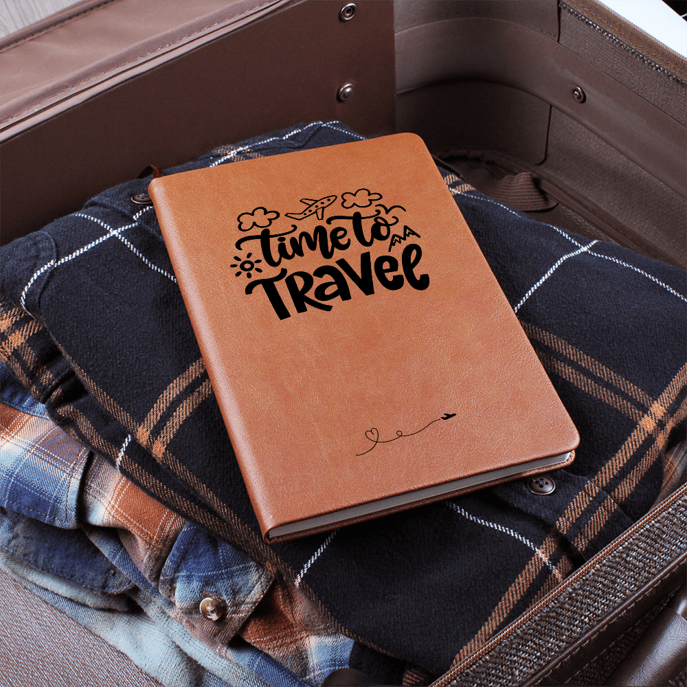 Time to Travel vegan leather journal with brown elastic band, ribbon bookmark, and 200 lined pages, ideal for documenting travel adventures